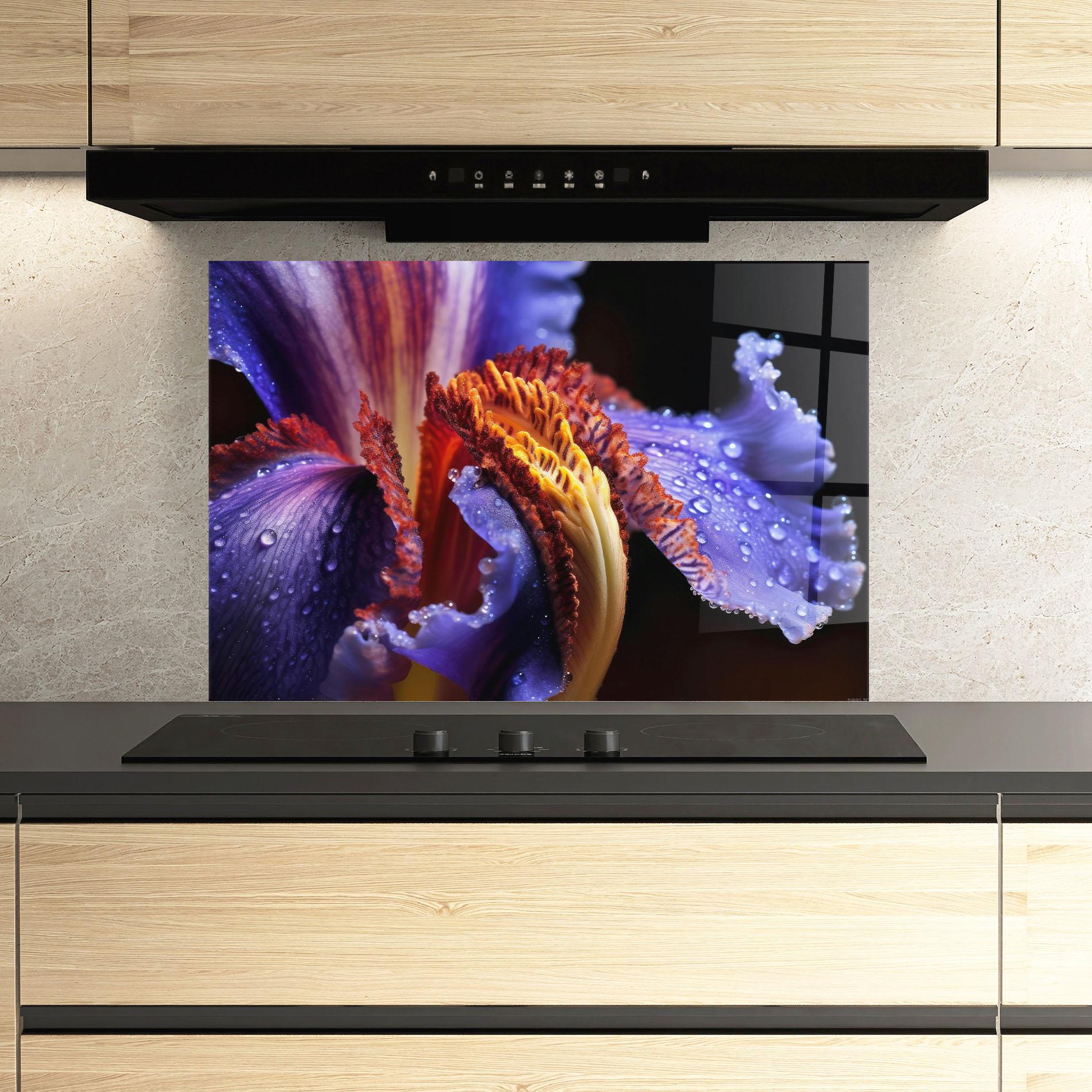 Küchenrückwand Glas Close Up Blue Iris After Rain mockup 3