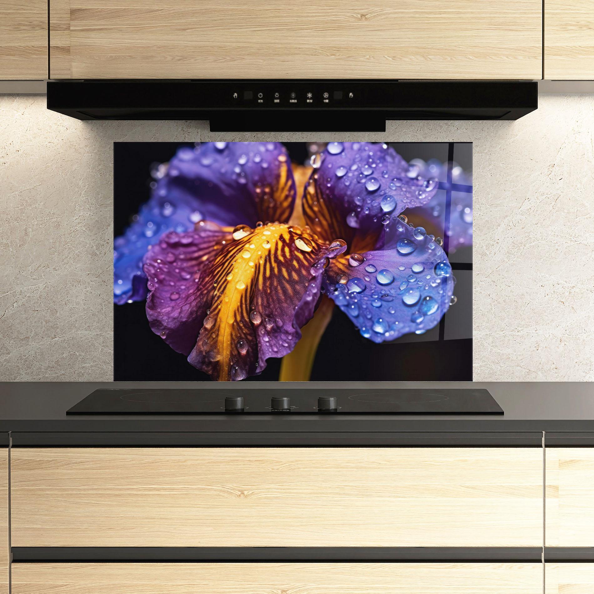 Küchenrückwand Glas Close Up Iris After Rain mockup 3