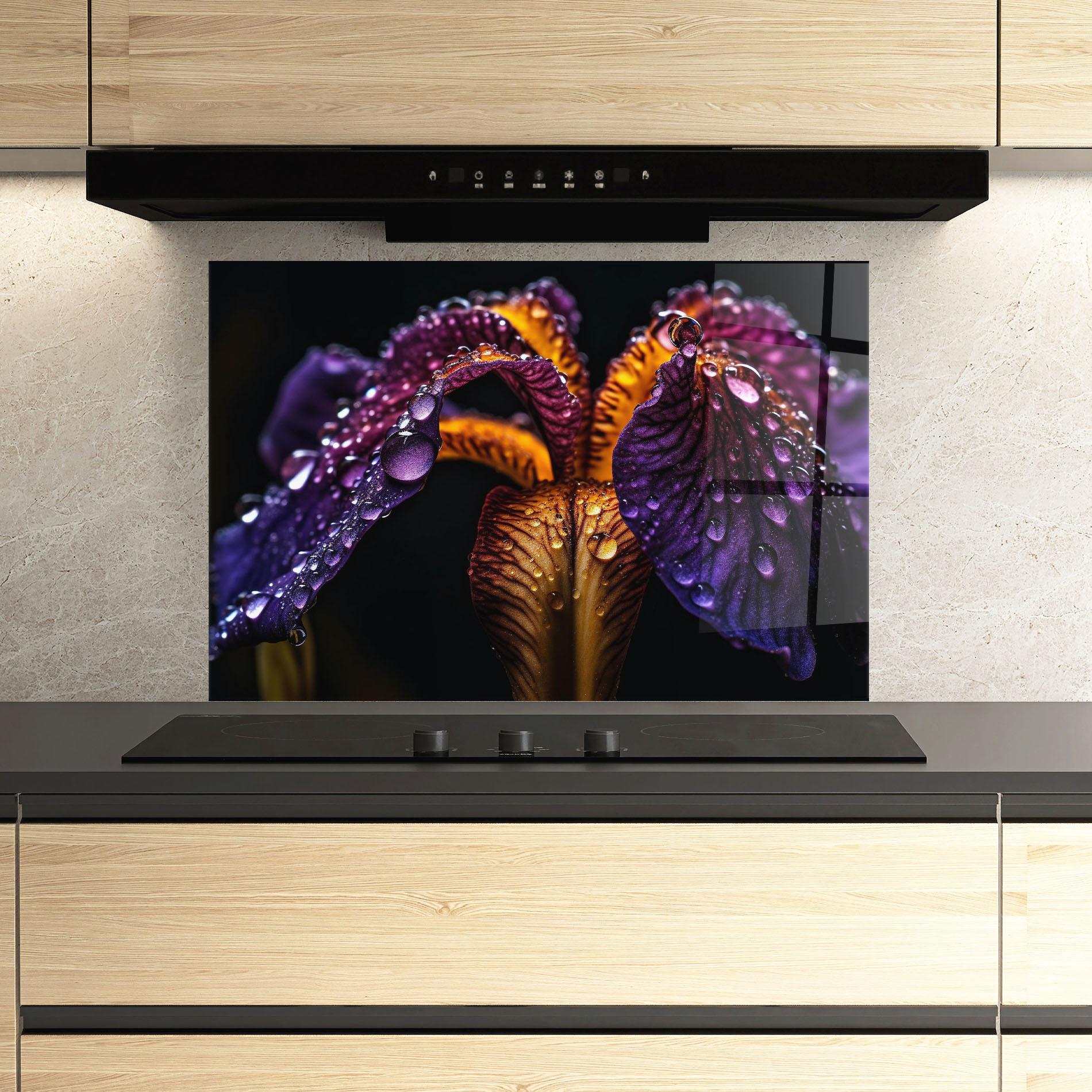 Küchenrückwand Glas Dark Iris After Rain mockup 3