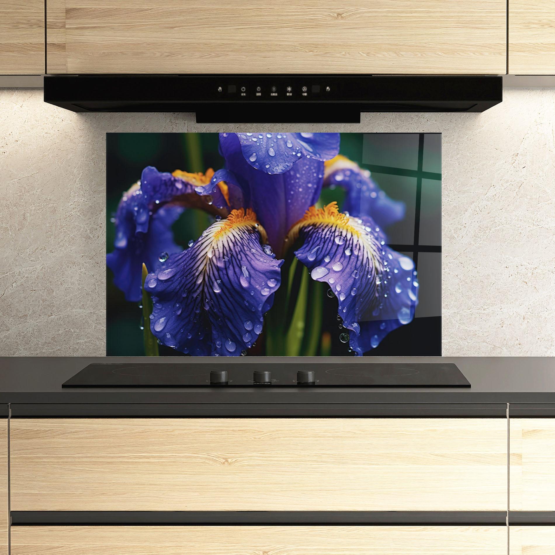 Küchenrückwand Glas Iris Close Up Aftrer Rain mockup 3