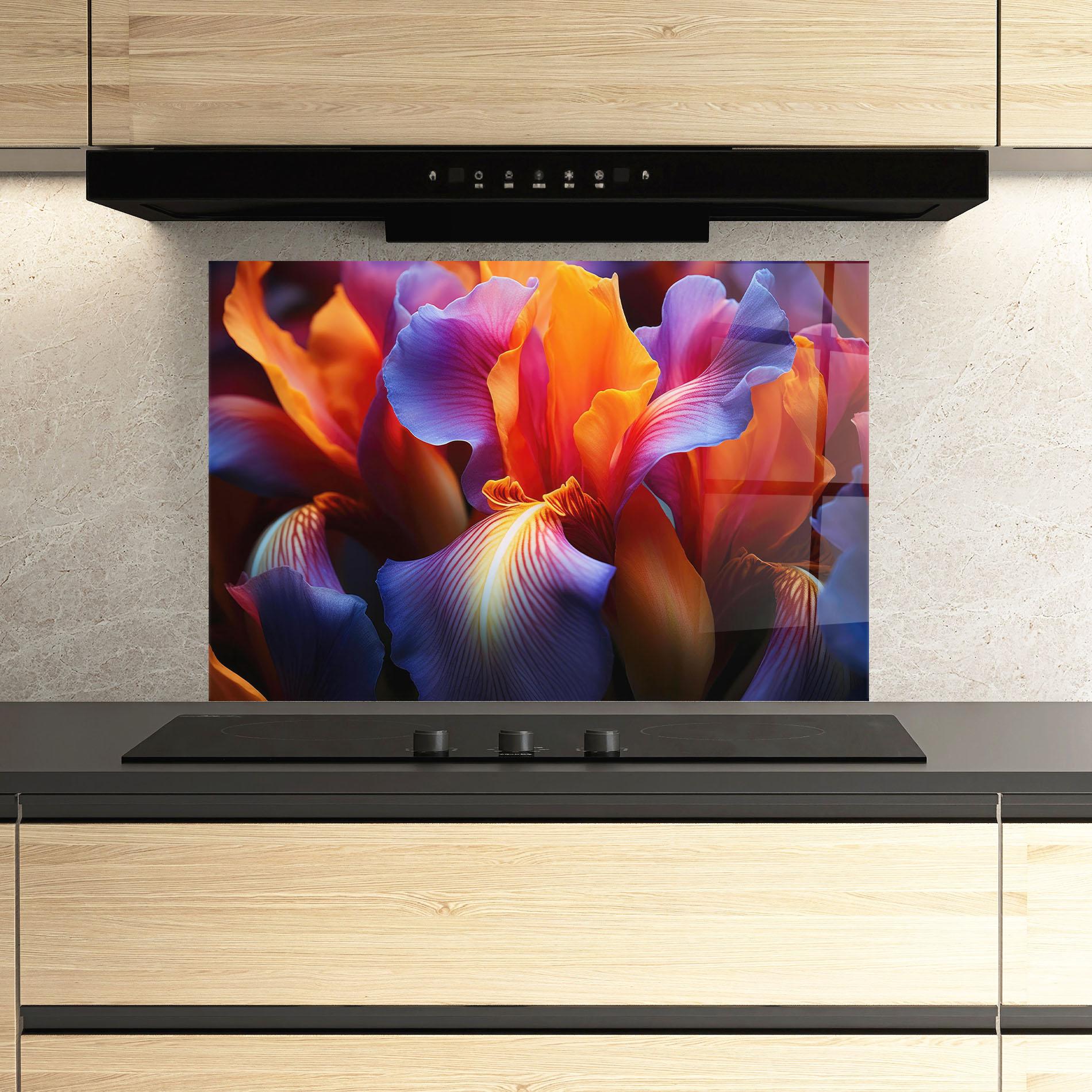 Küchenrückwand Glas Orange Purple Iris mockup 3