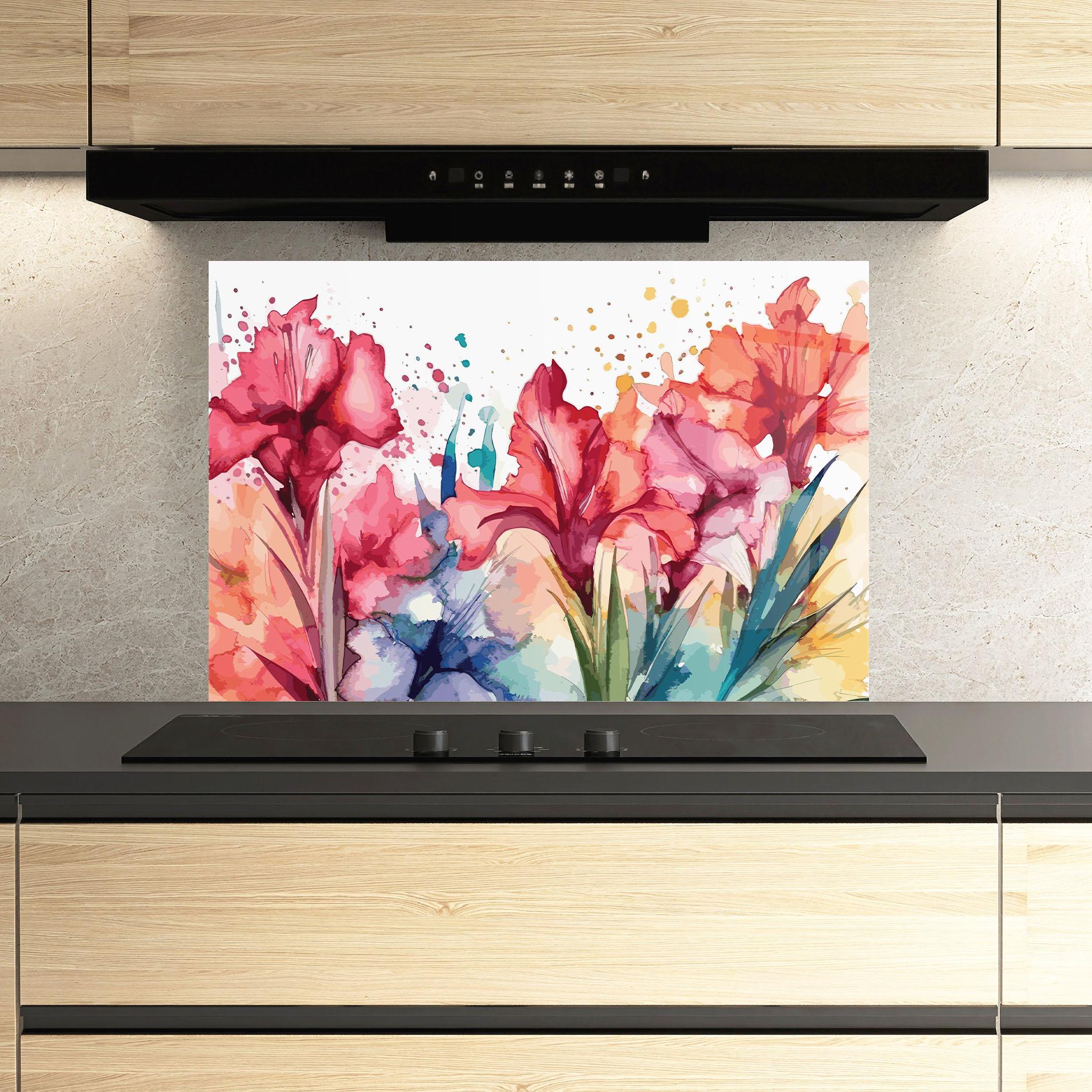 Küchenrückwand Glas Pink Blue Iris mockup 3