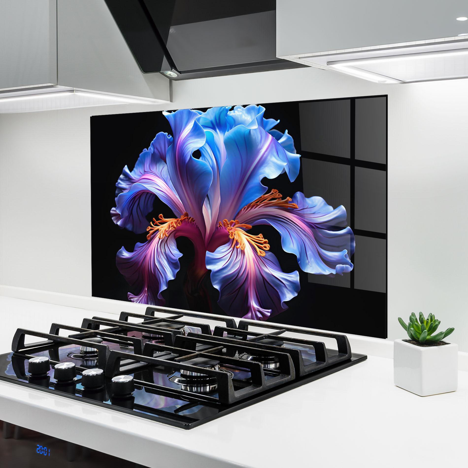 Küchenrückwand Glas Beautiful Iris On Black mockup 6