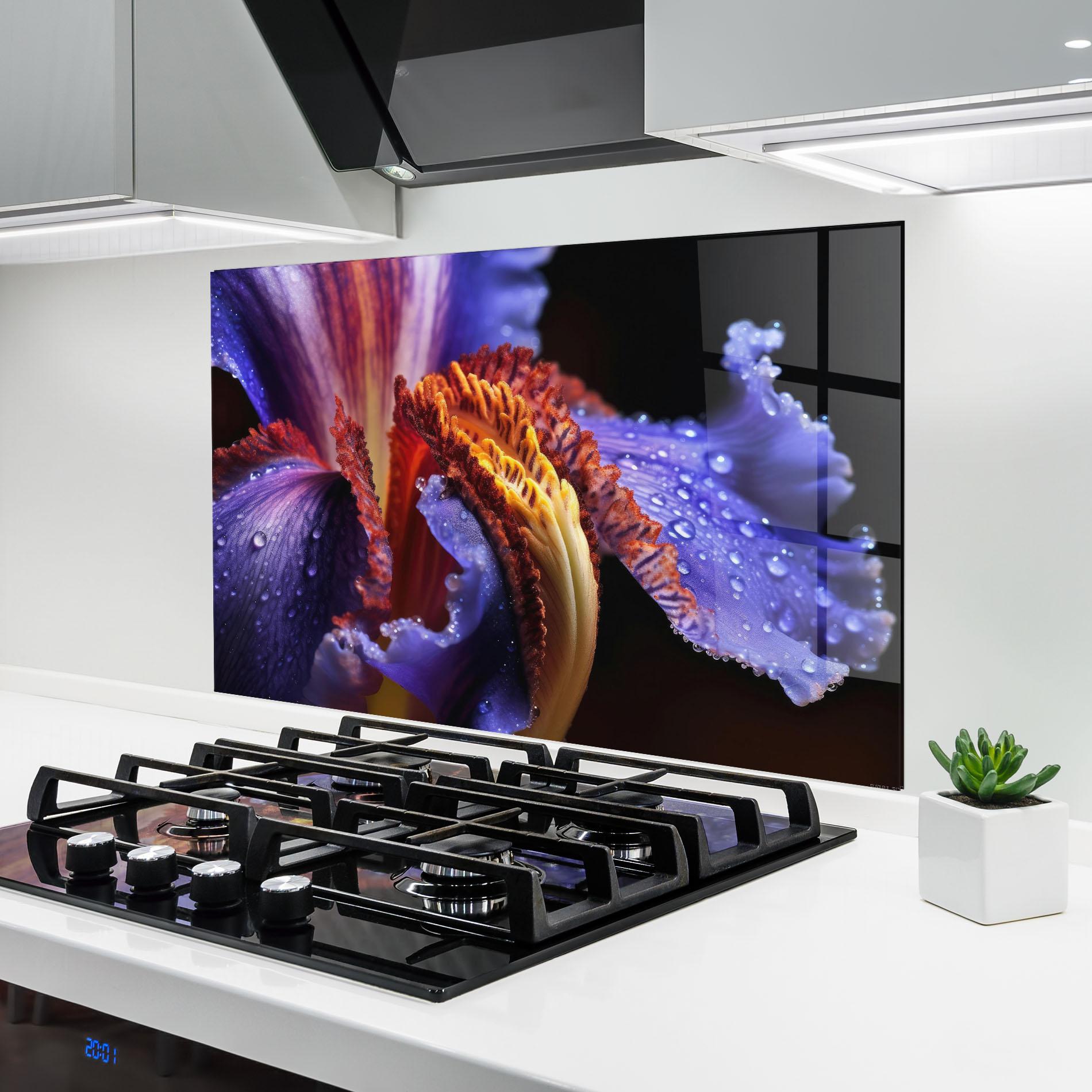 Küchenrückwand Glas Close Up Blue Iris After Rain mockup 6