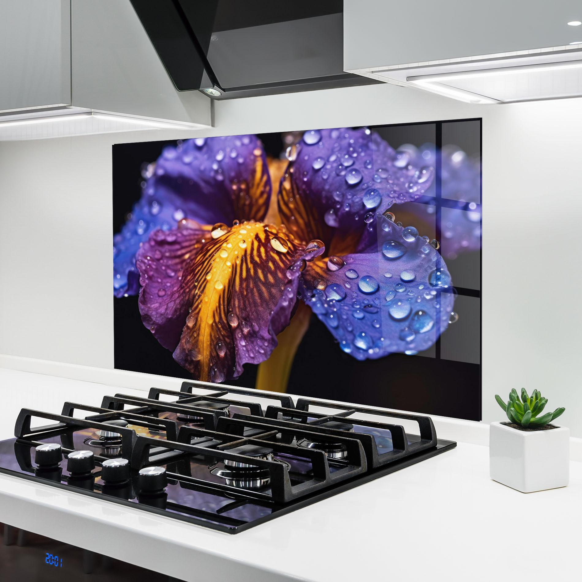 Küchenrückwand Glas Close Up Iris After Rain mockup 6