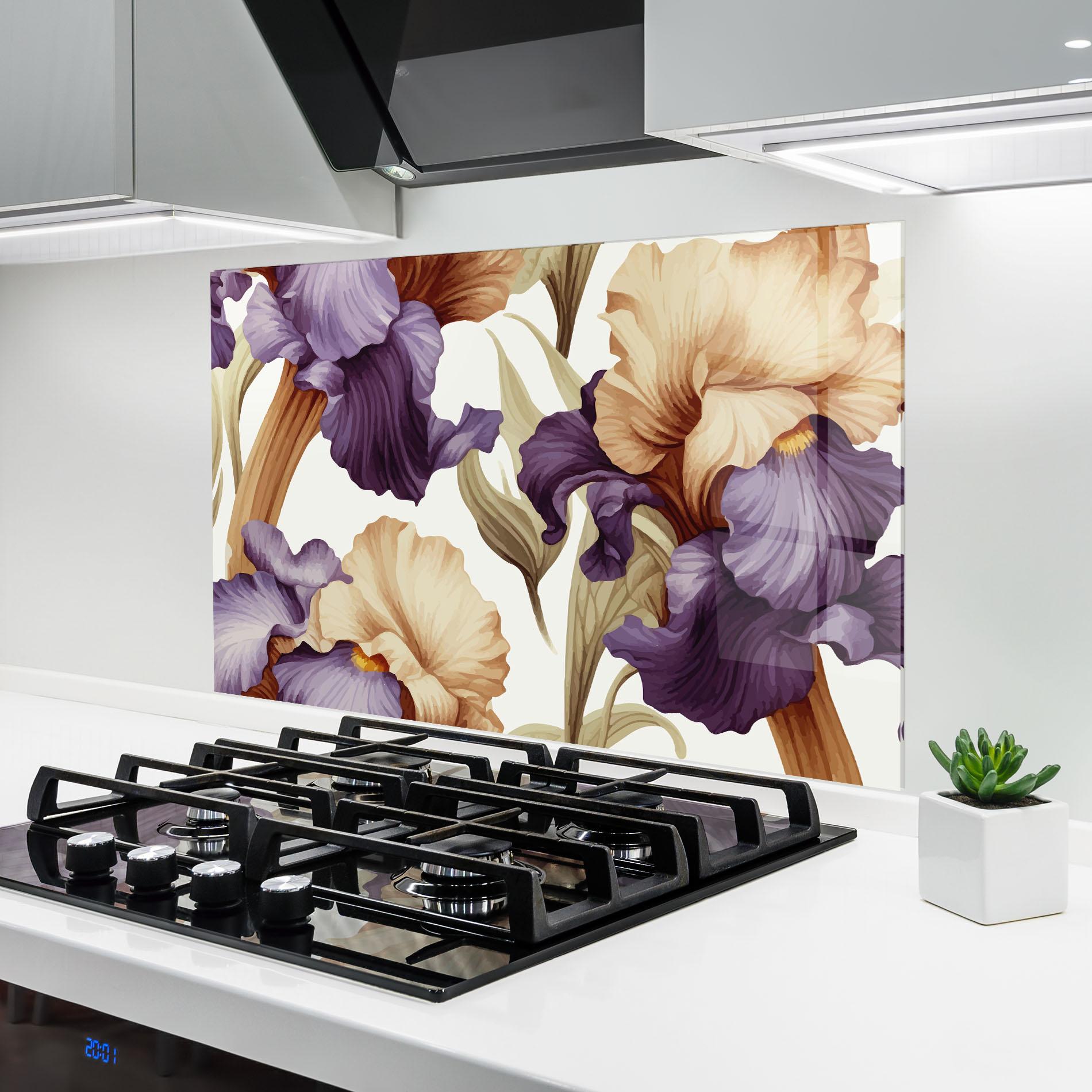 Küchenrückwand Glas Cream Purple Iris mockup 6