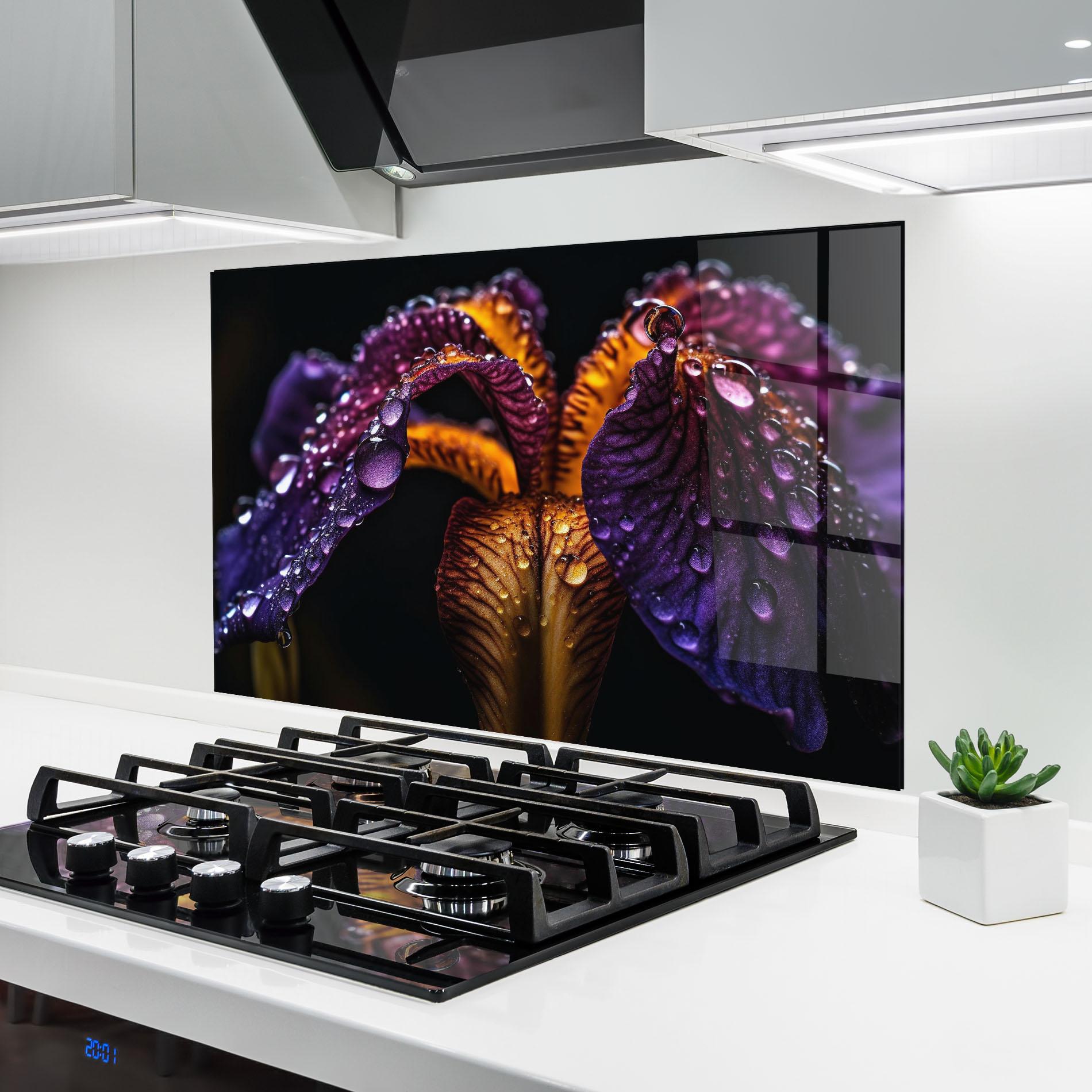 Küchenrückwand Glas Dark Iris After Rain mockup 6