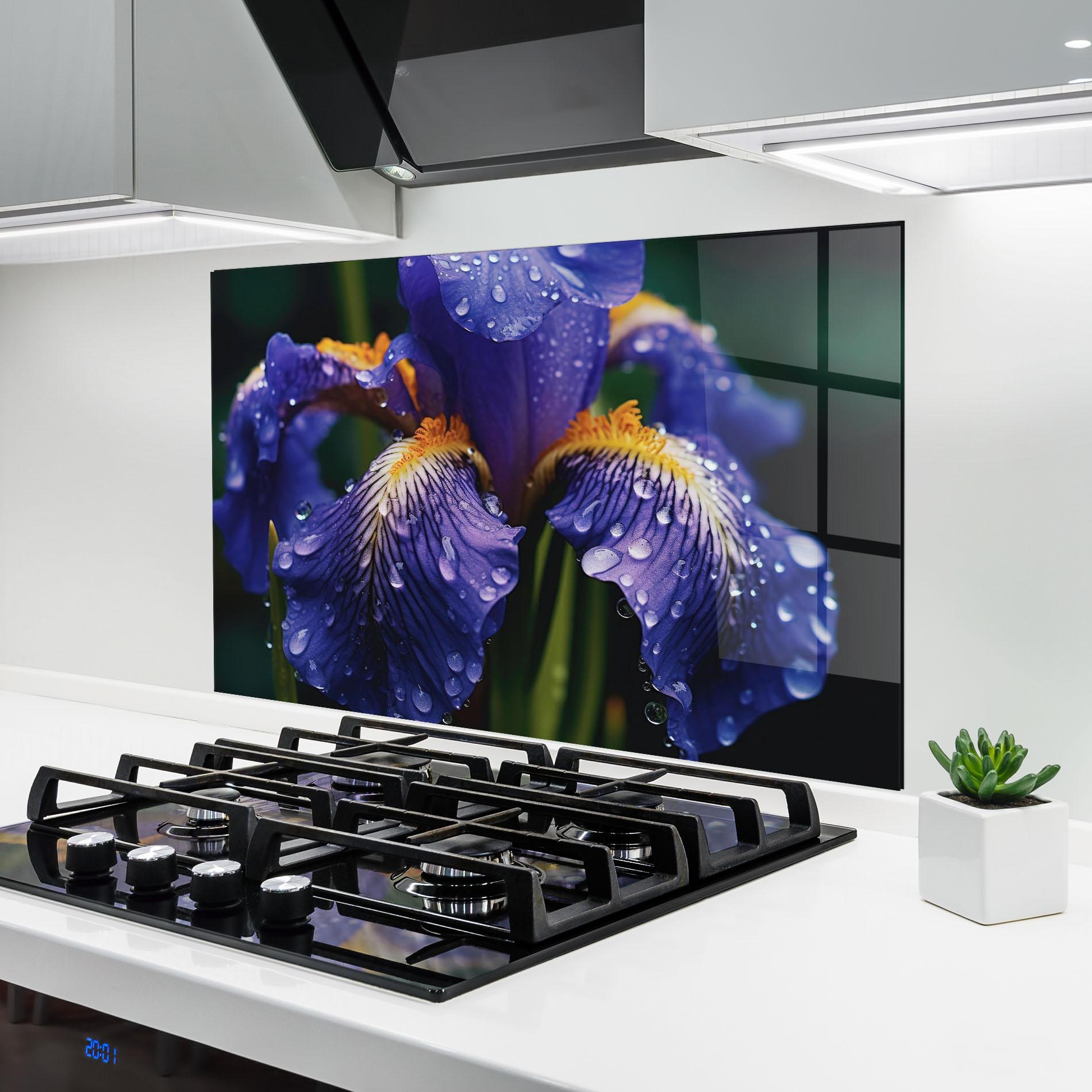 Küchenrückwand Glas Iris After Rain mockup 6