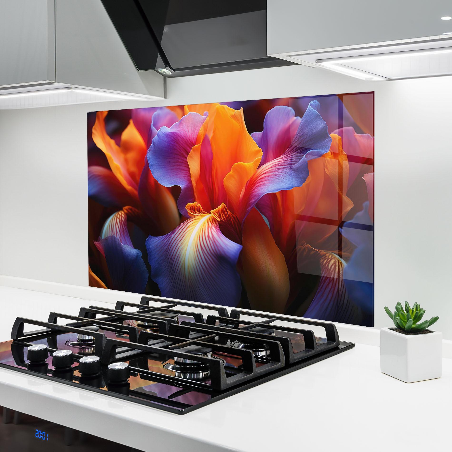 Küchenrückwand Glas Orange Purple Iris mockup 6