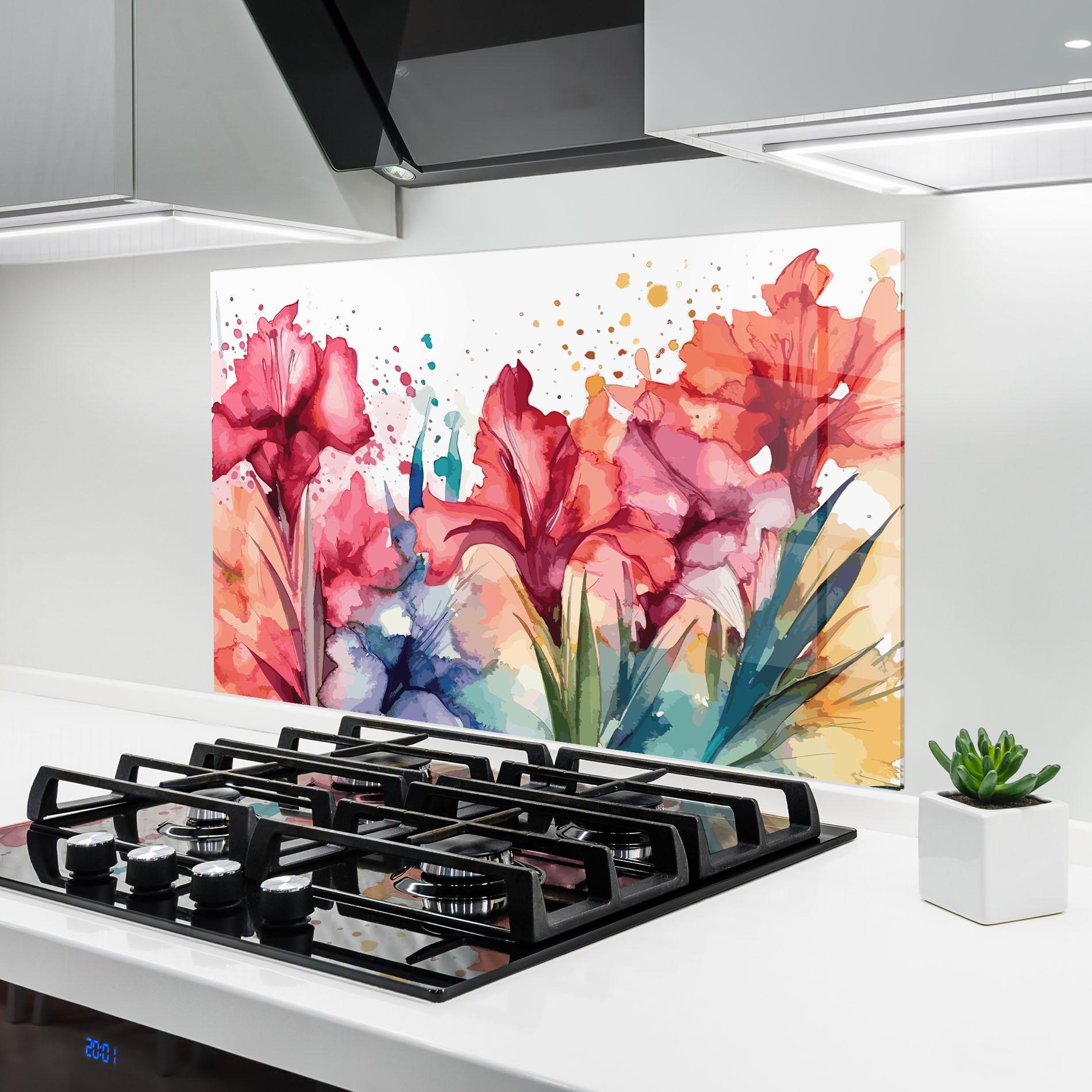 Küchenrückwand Glas Pink Blue Iris mockup 6