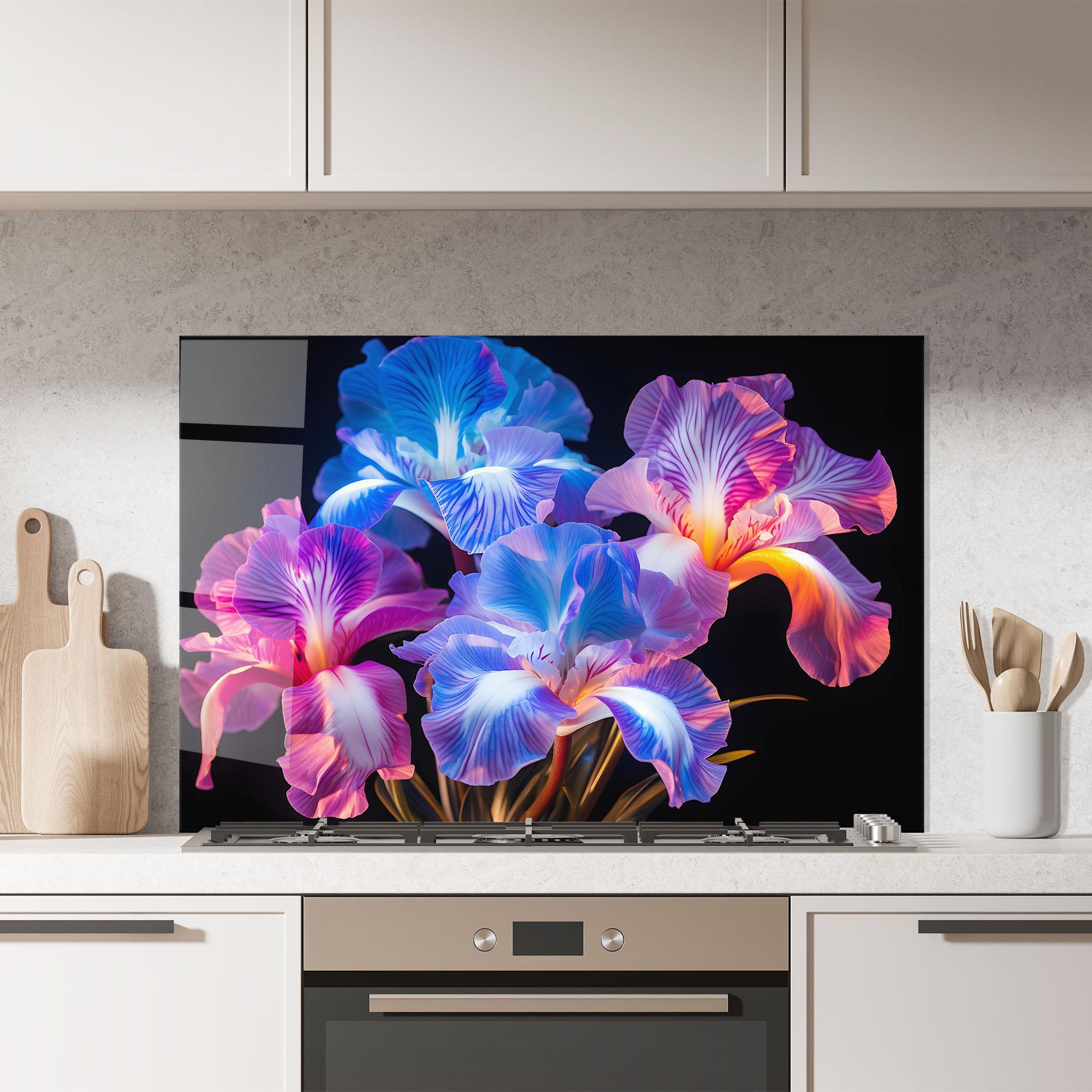 Küchenrückwand Glas Blue Light Iris mockup 7