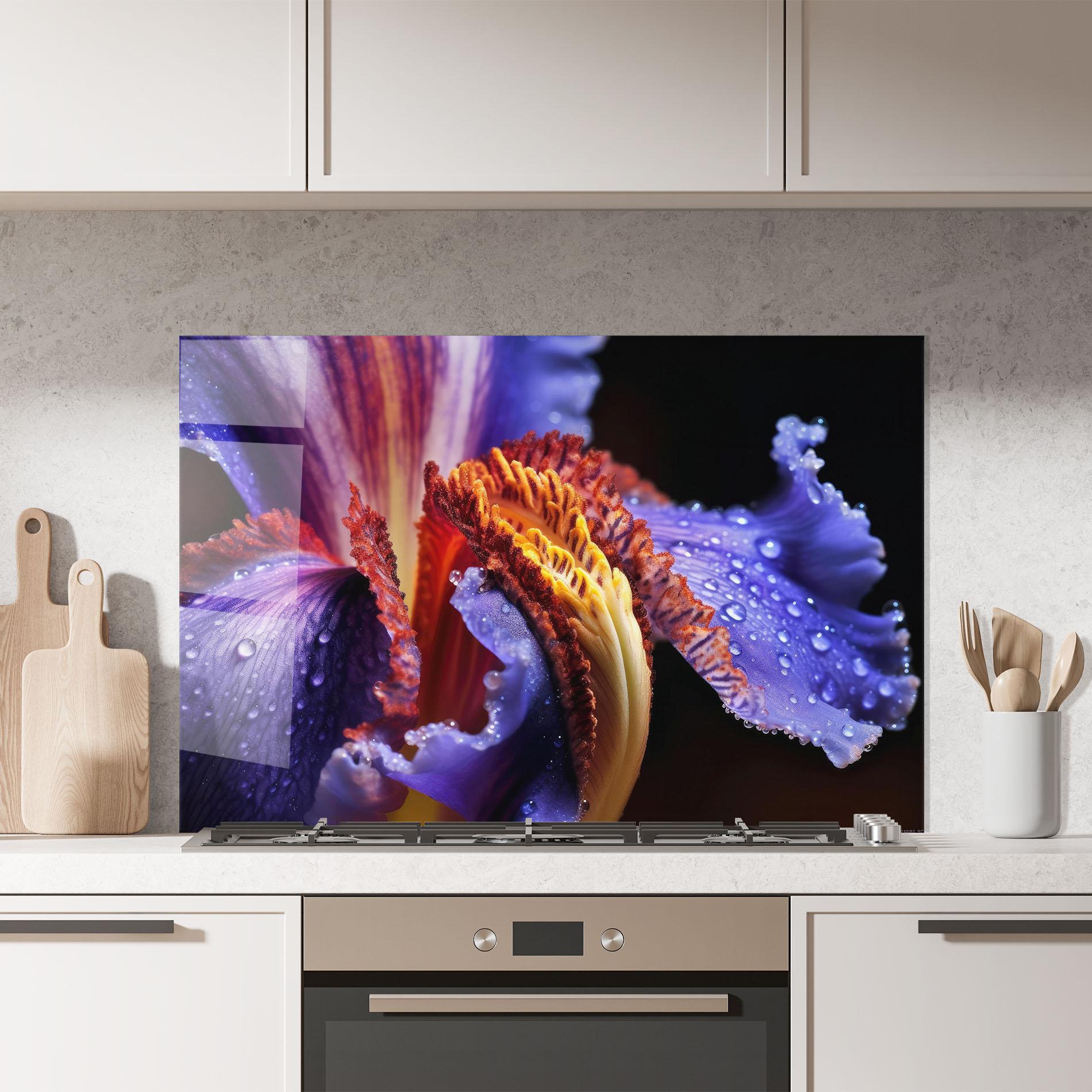 Küchenrückwand Glas Close Up Blue Iris After Rain mockup 7