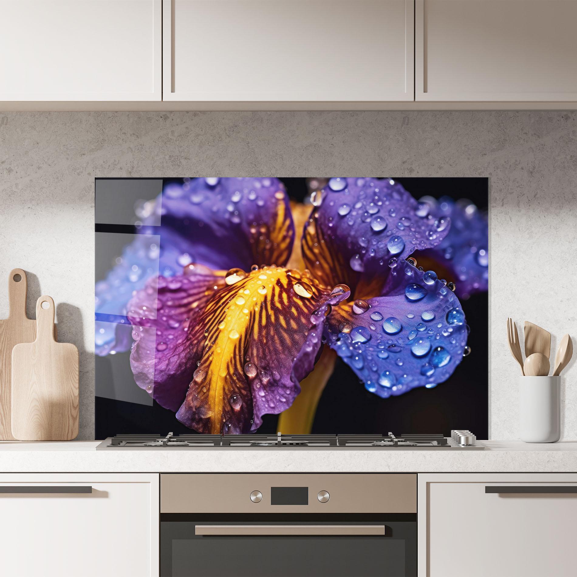 Küchenrückwand Glas Close Up Iris After Rain mockup 7