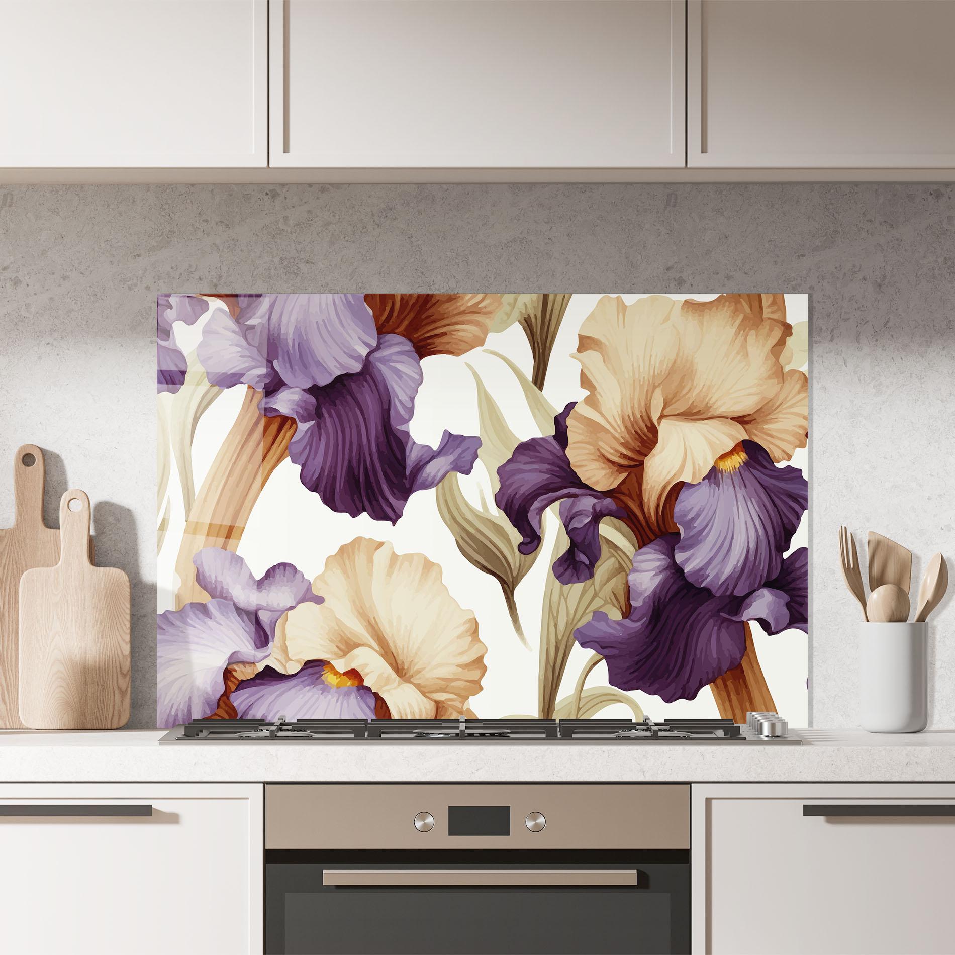 Küchenrückwand Glas Cream Purple Iris mockup 7
