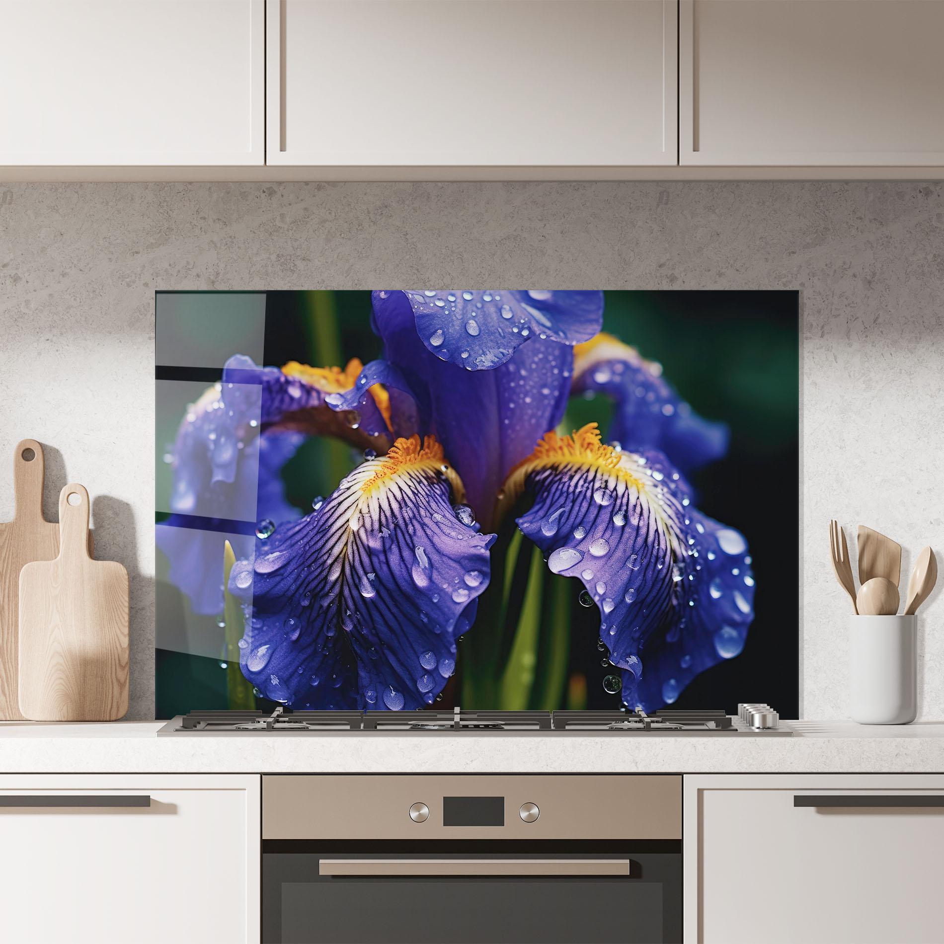 Küchenrückwand Glas Iris Close Up Aftrer Rain mockup 7