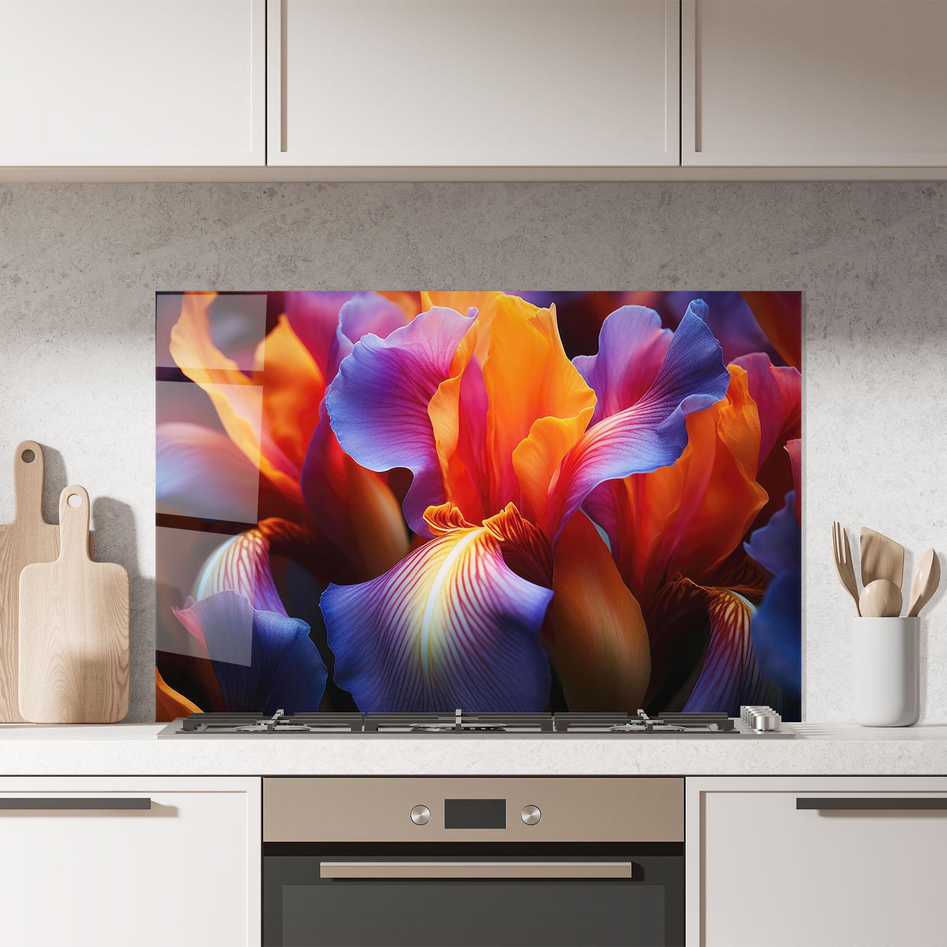 Küchenrückwand Glas Orange Purple Iris mockup 7