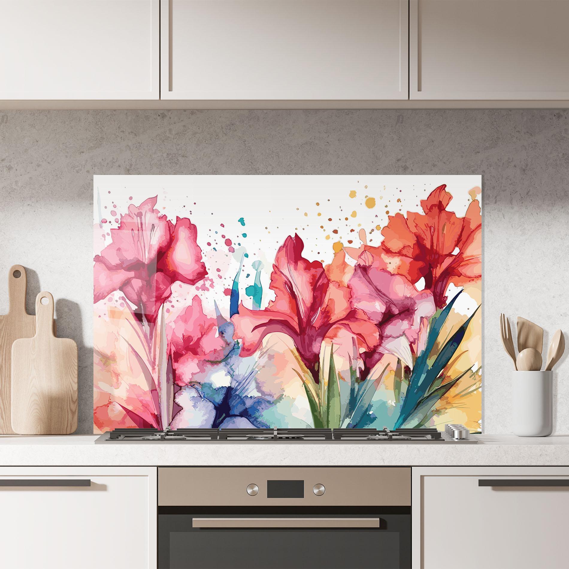 Küchenrückwand Glas Pink Blue Iris mockup 7