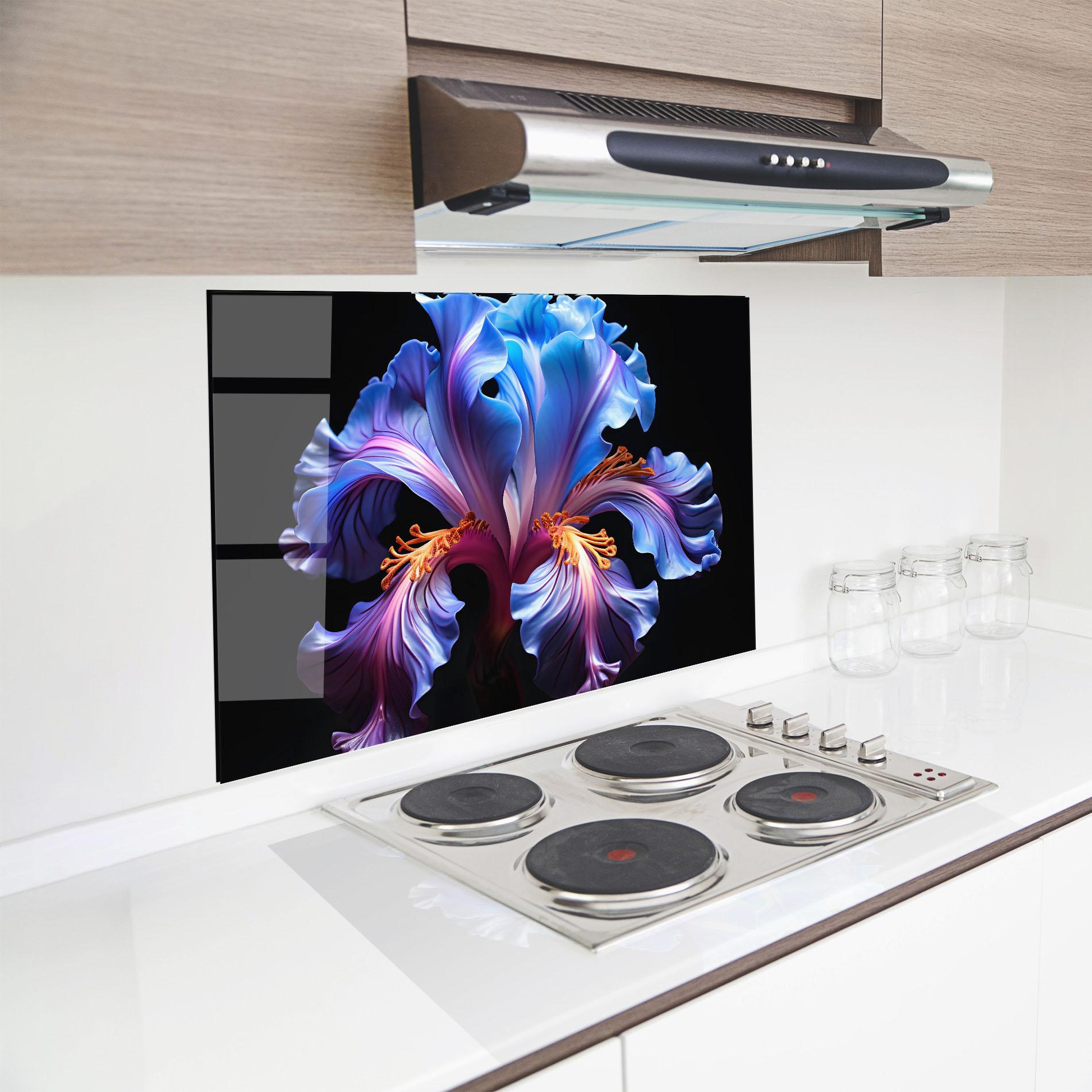 Küchenrückwand Glas Beautiful Iris On Black mockup 8