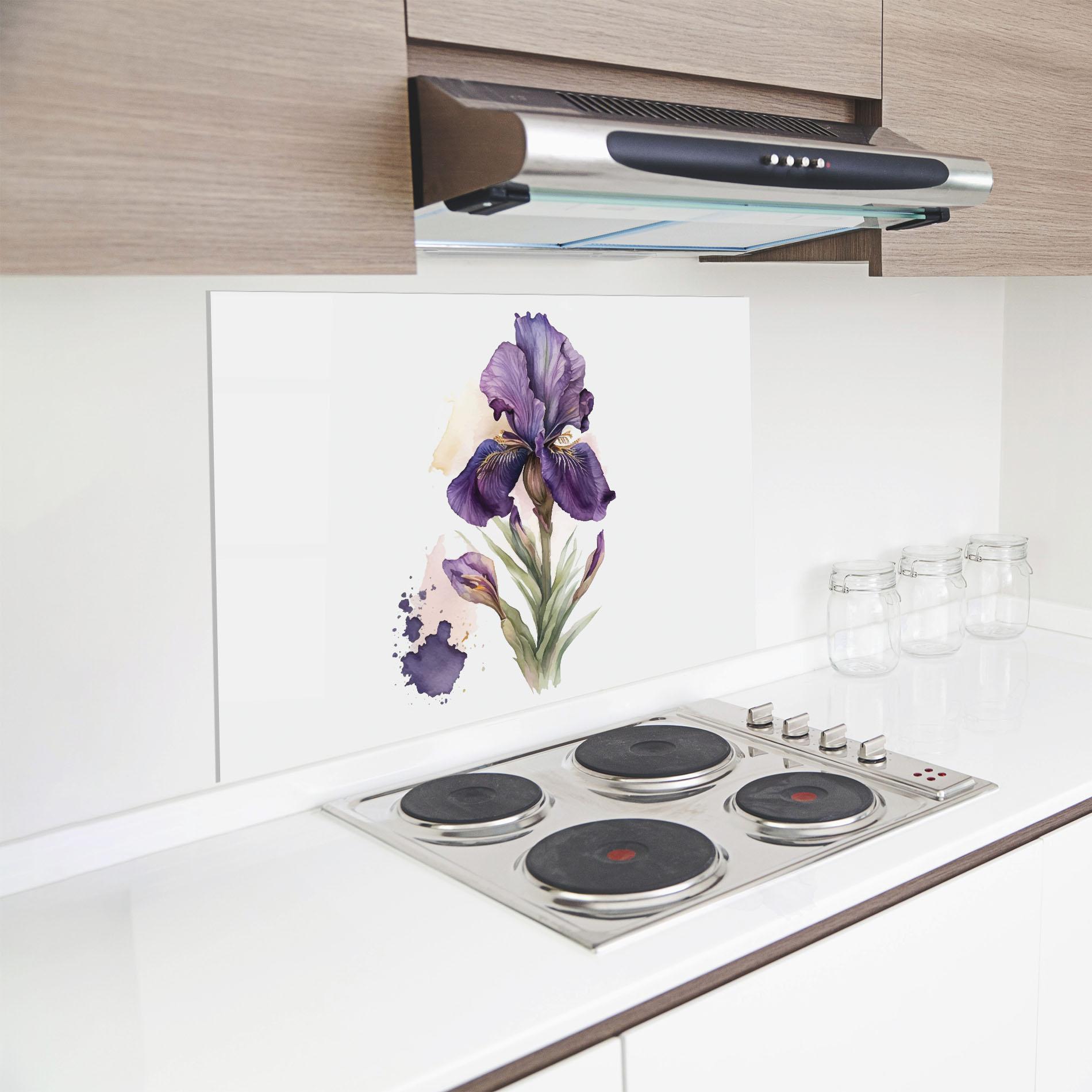 Küchenrückwand Glas Beautiful Purple Iris mockup 8