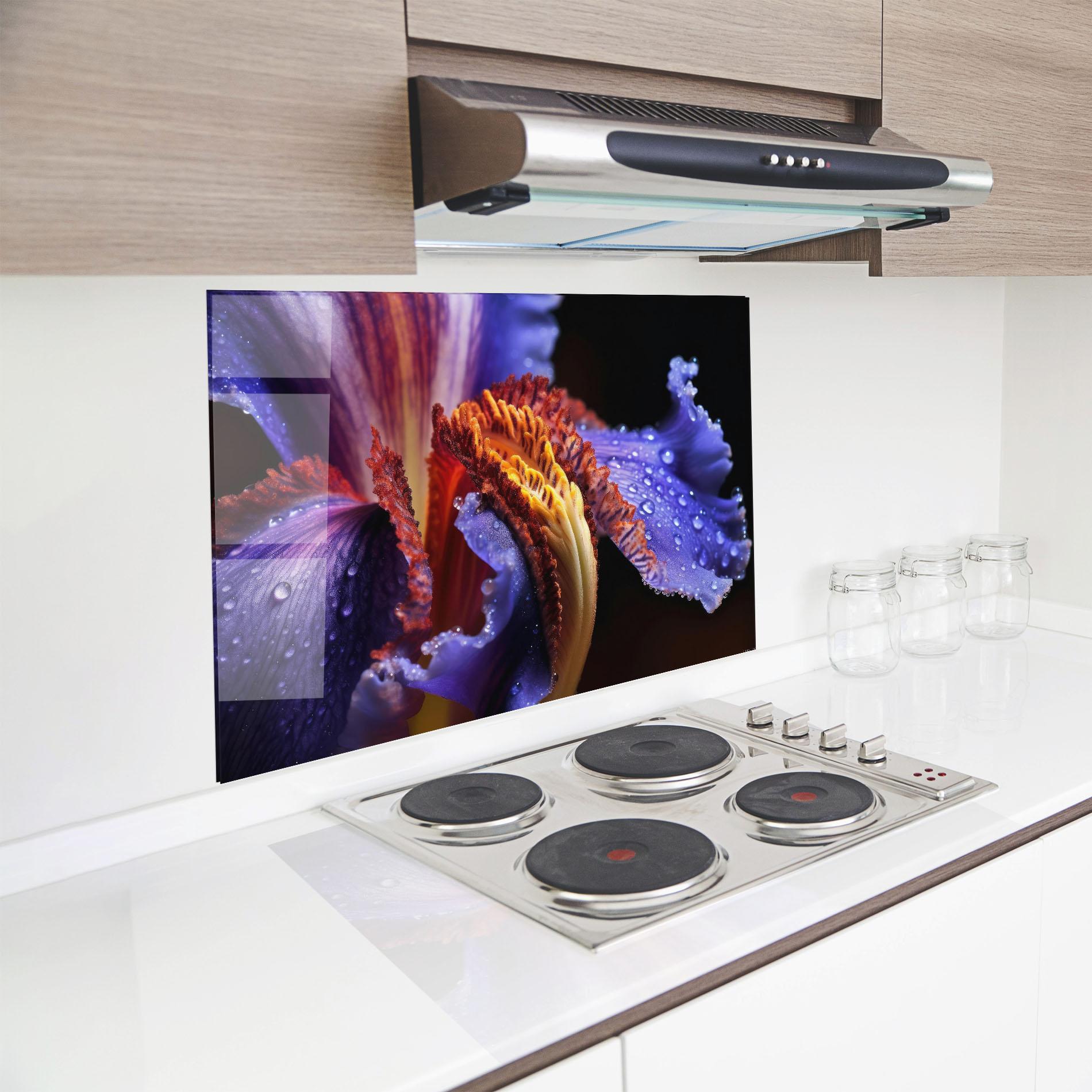 Küchenrückwand Glas Close Up Blue Iris After Rain mockup 8