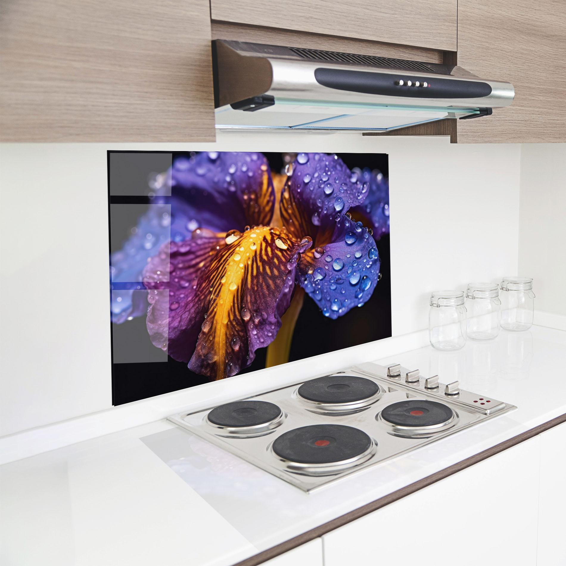 Küchenrückwand Glas Close Up Iris After Rain mockup 8