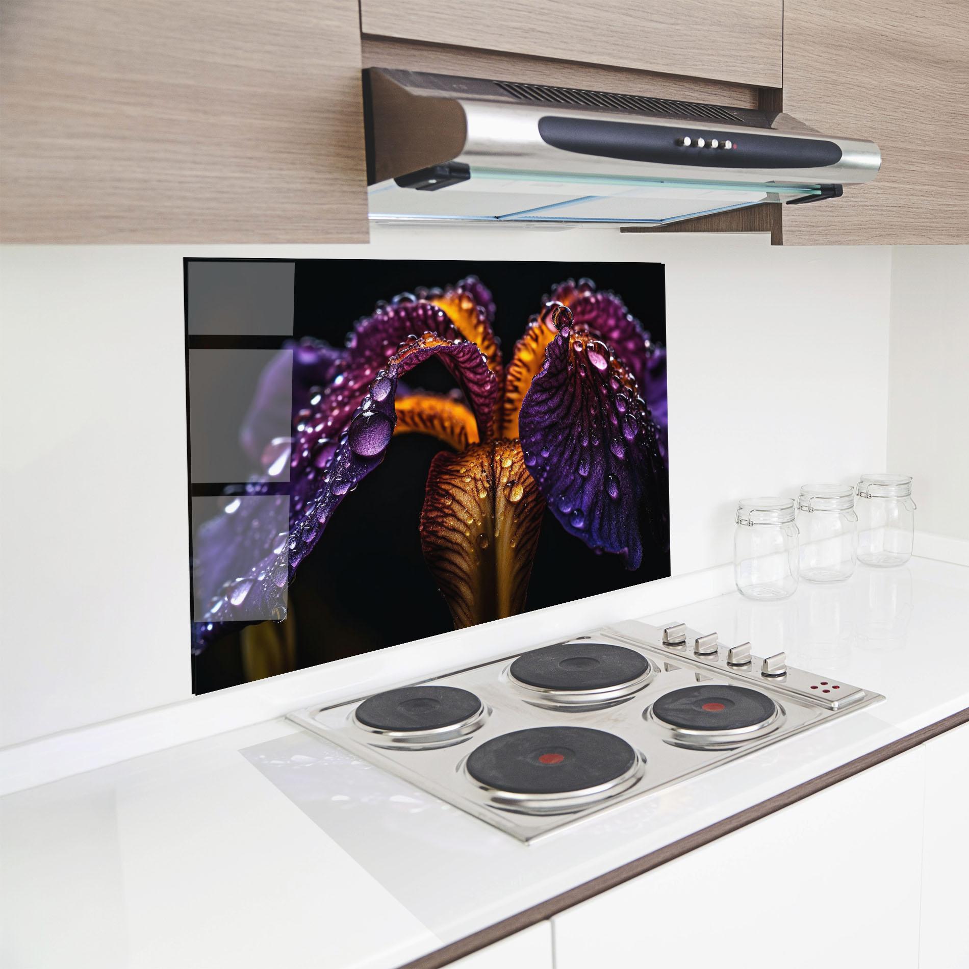 Küchenrückwand Glas Dark Iris After Rain mockup 8