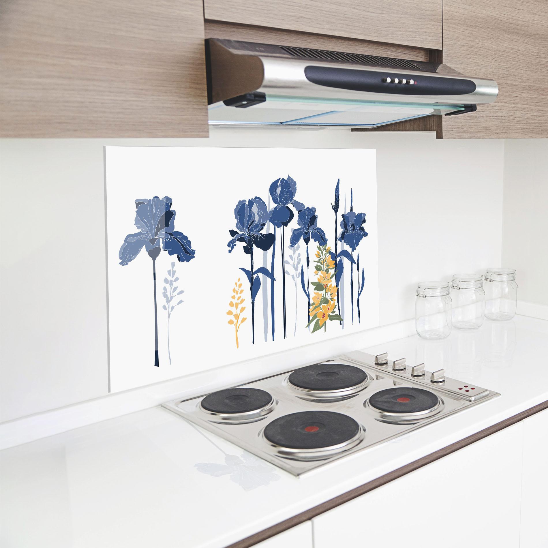Küchenrückwand Glas Iris Blue Art mockup 8