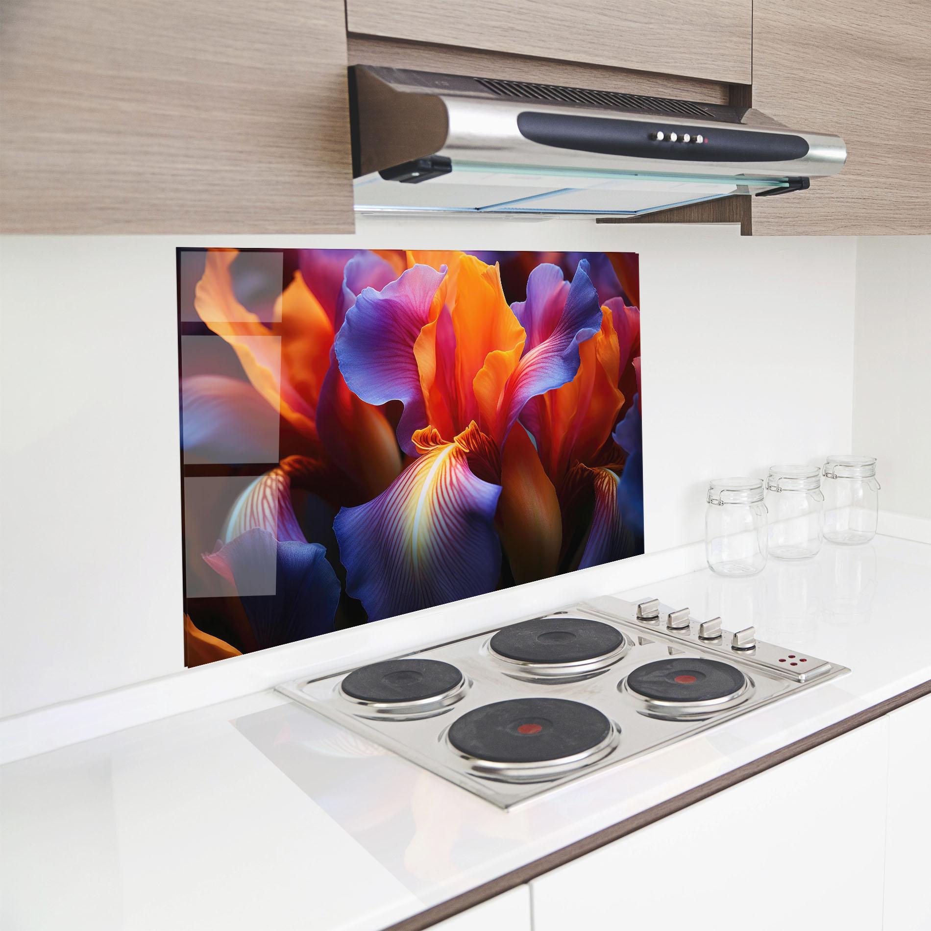 Küchenrückwand Glas Orange Purple Iris mockup 8