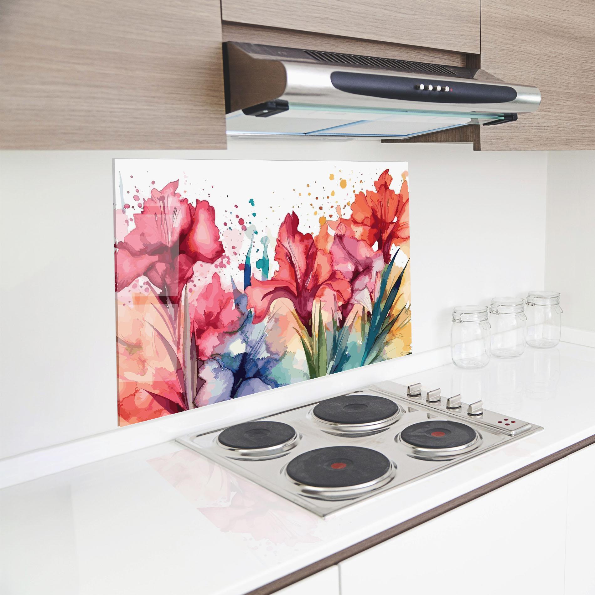 Küchenrückwand Glas Pink Blue Iris mockup 8