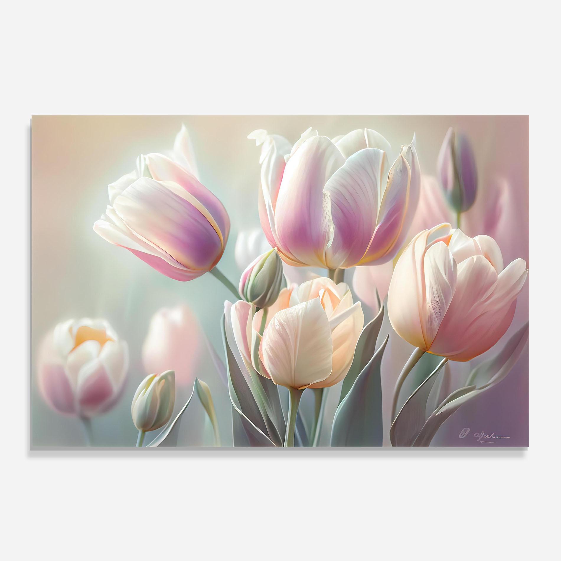 Küchenrückwand Glas Dreamy White Tulips mockup 0