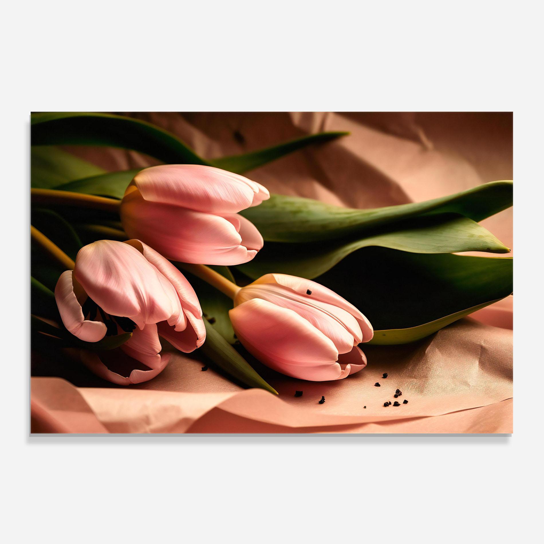 Küchenrückwand Glas Pink Tulips With Leafs mockup 0