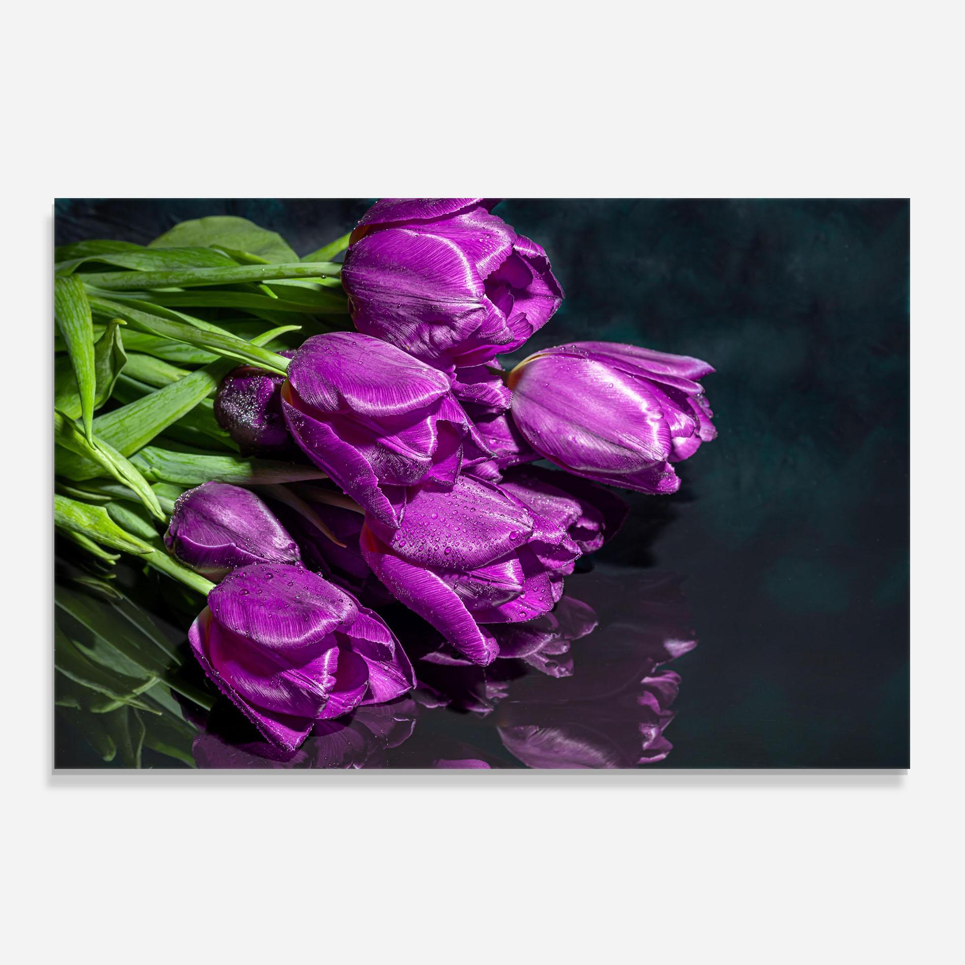 Küchenrückwand Glas Strong Purple Tulips mockup 0