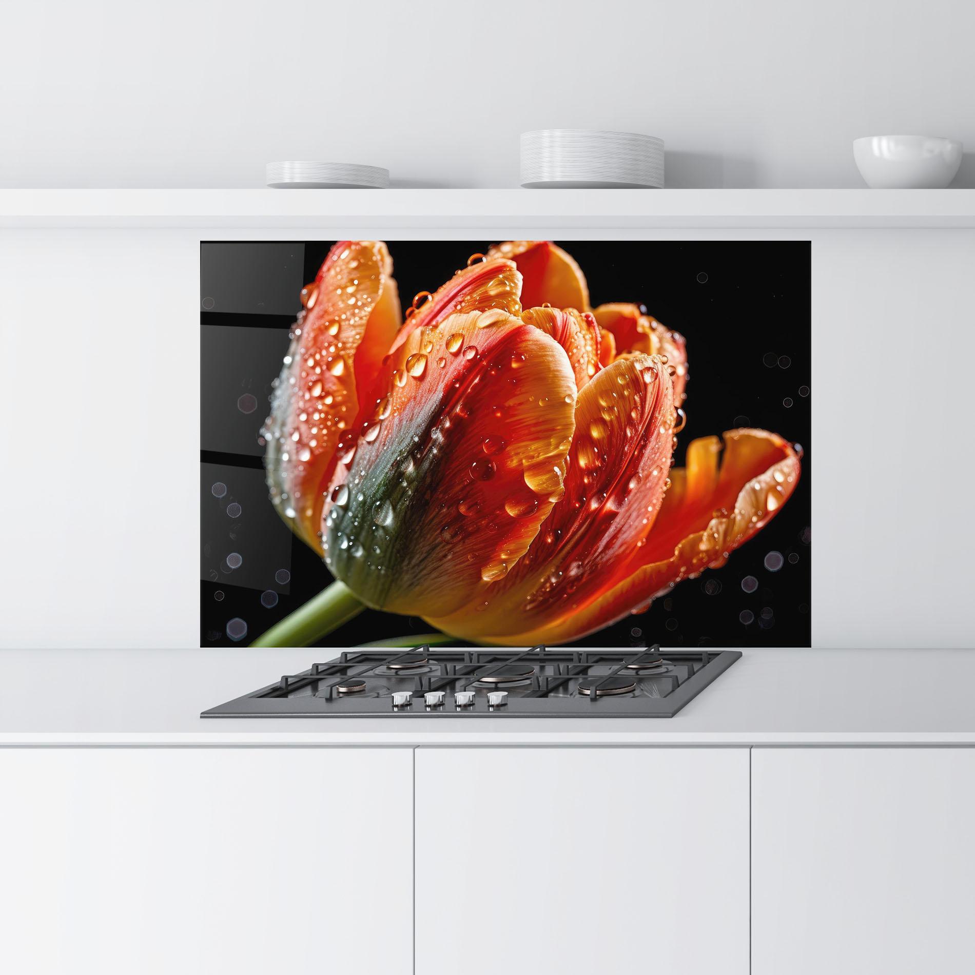 Küchenrückwand Glas Big Wet Orange Tulip mockup 9