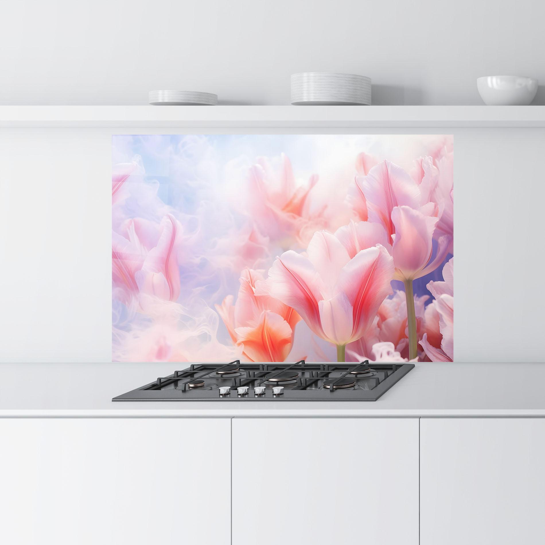 Küchenrückwand Glas Dreamy Pink Tulips mockup 9