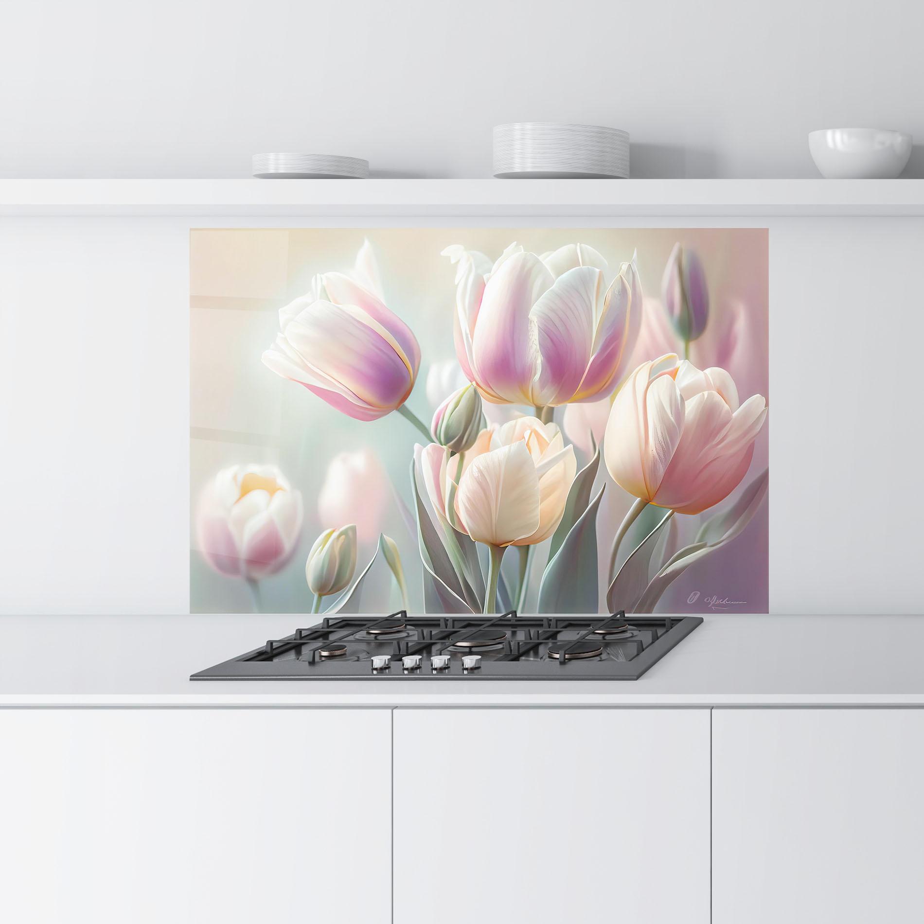Küchenrückwand Glas Dreamy White Tulips mockup 9
