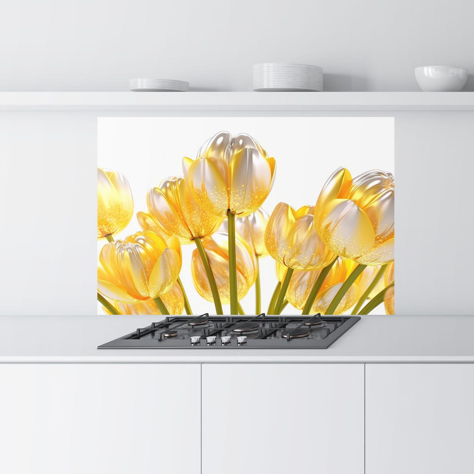 Küchenrückwand Glas Gold White Tulips mockup 9