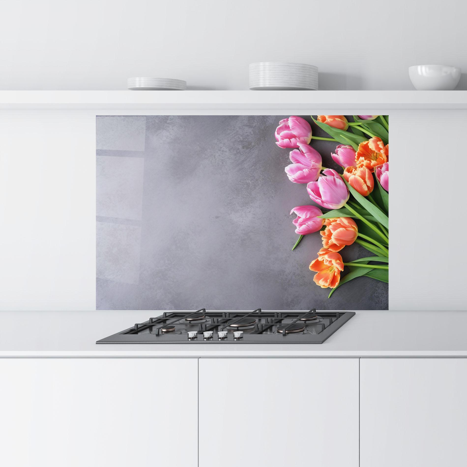 Küchenrückwand Glas Light Orange Pink Tulips mockup 9