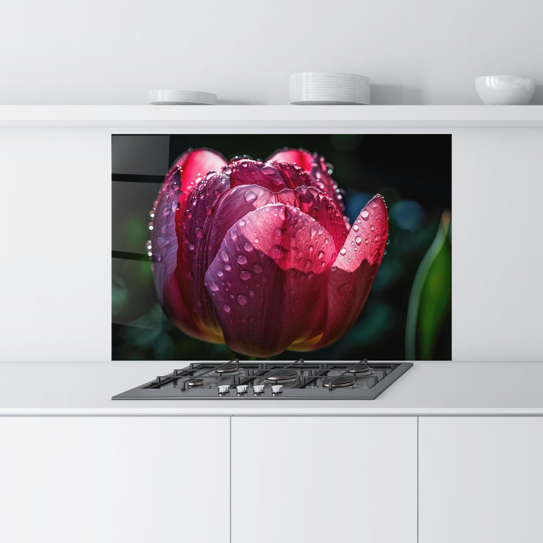 Küchenrückwand Glas Pink Tulip After Rain mockup 9