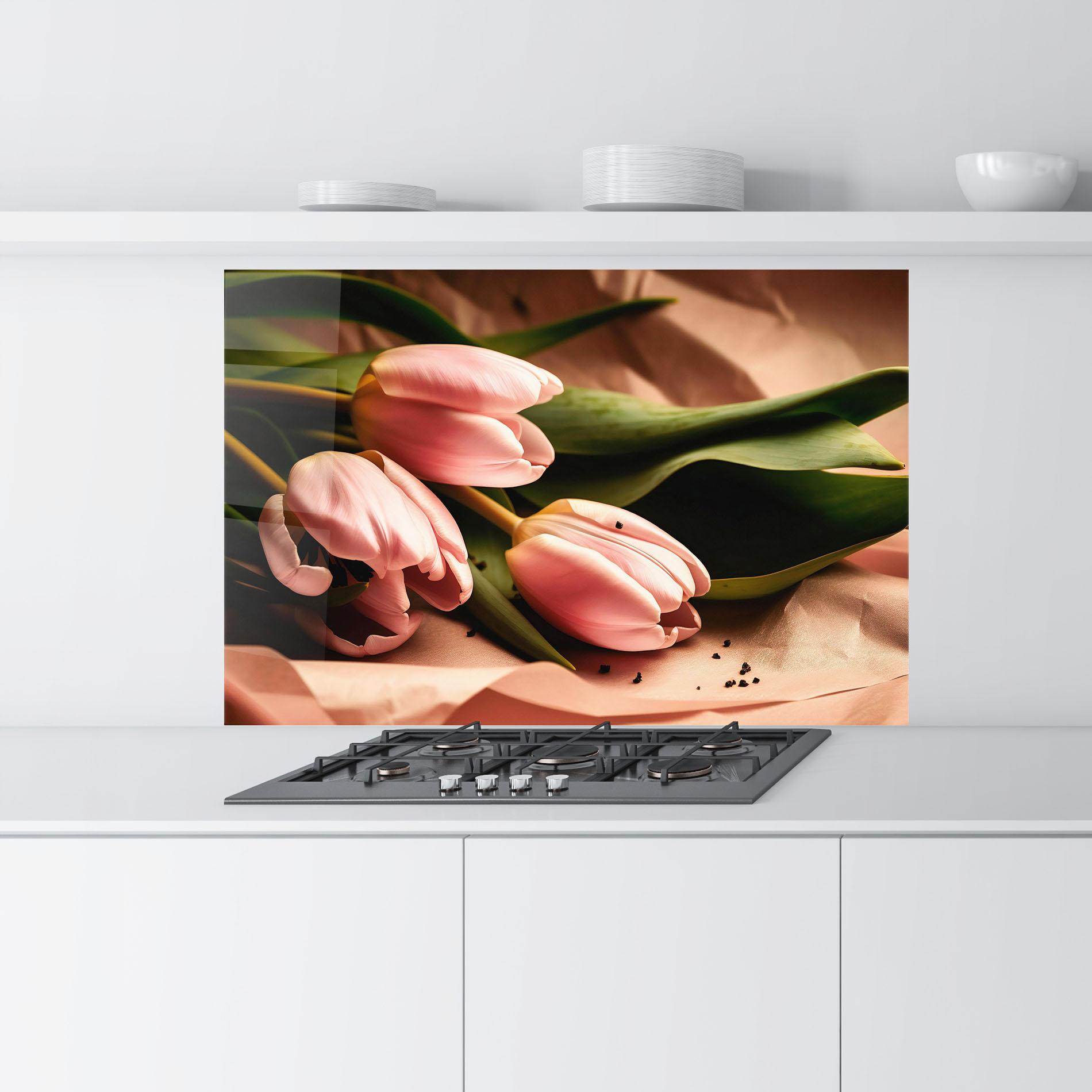 Küchenrückwand Glas Pink Tulips With Leafs mockup 9