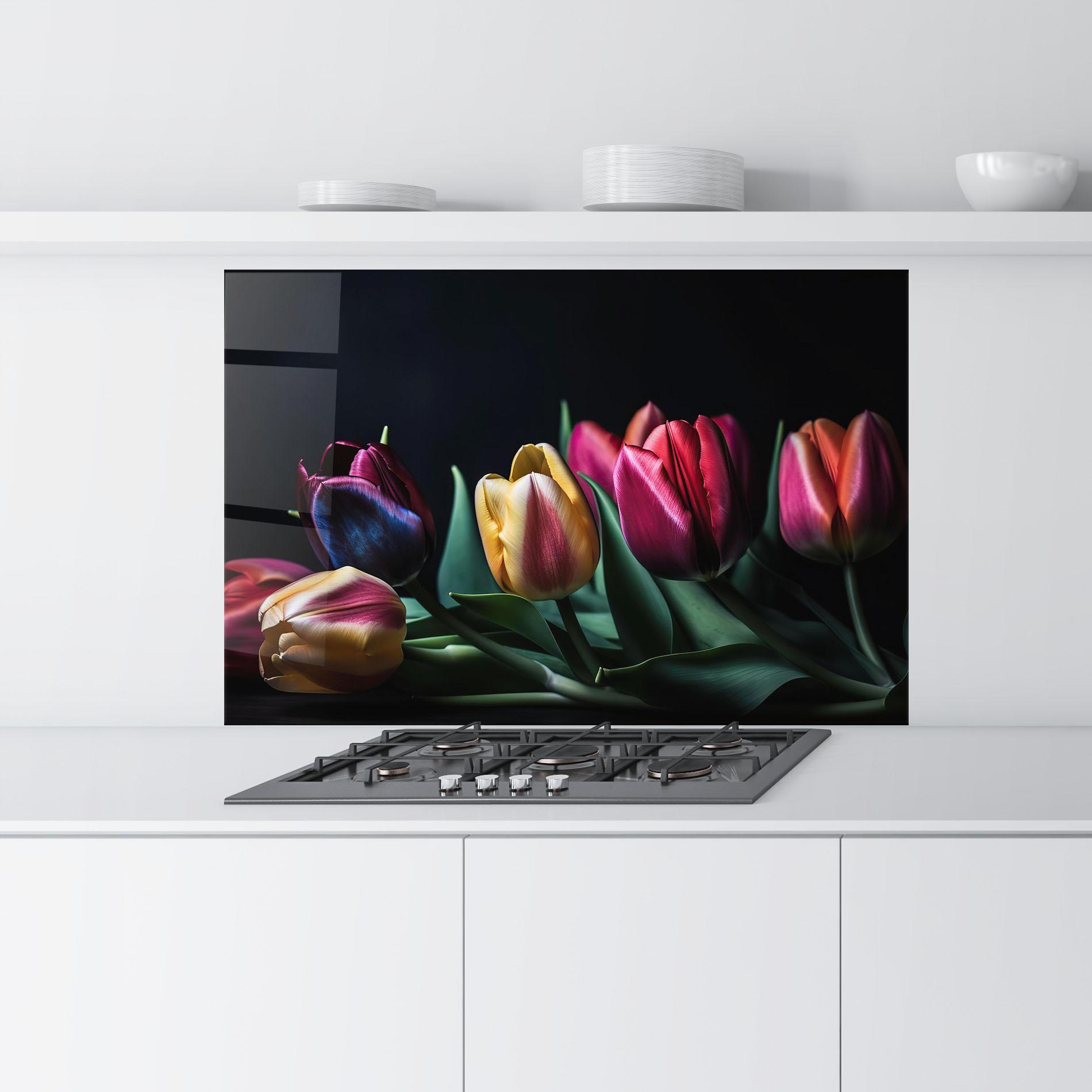 Küchenrückwand Glas Pink Yellow Tulips mockup 9