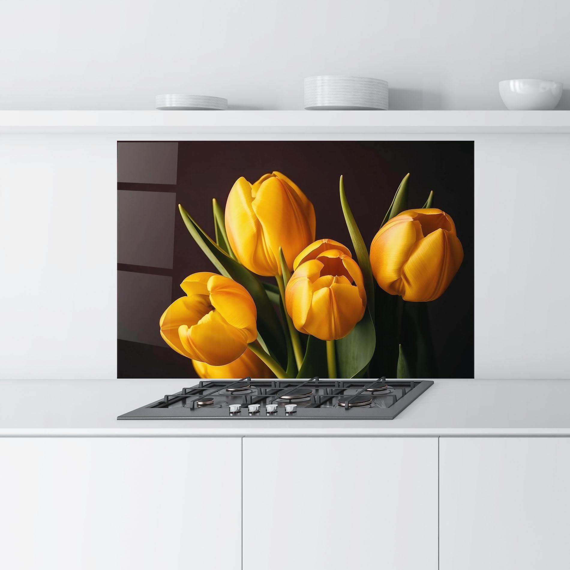 Küchenrückwand Glas Strong Yellow Tulips mockup 9