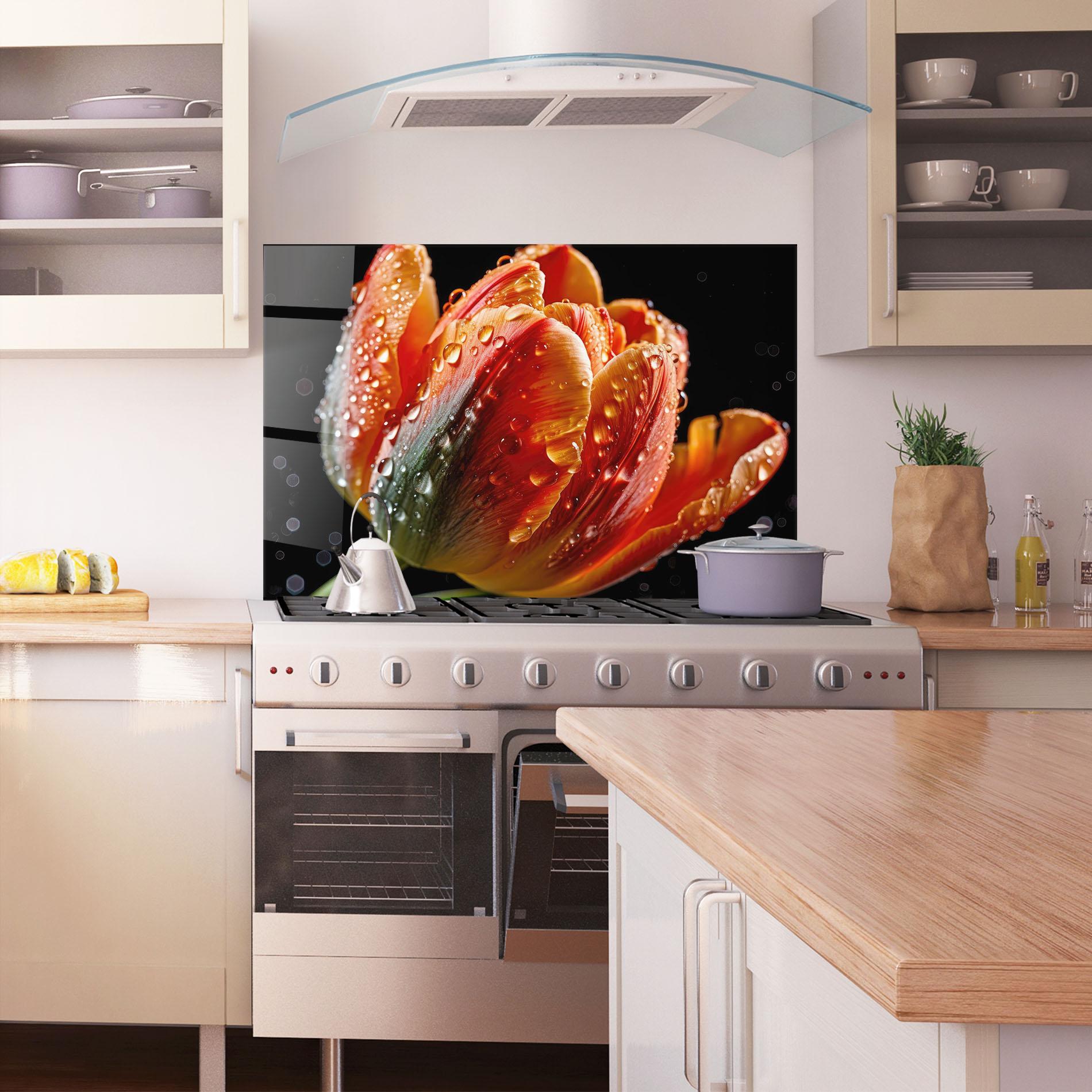 Küchenrückwand Glas Big Wet Orange Tulip mockup 1