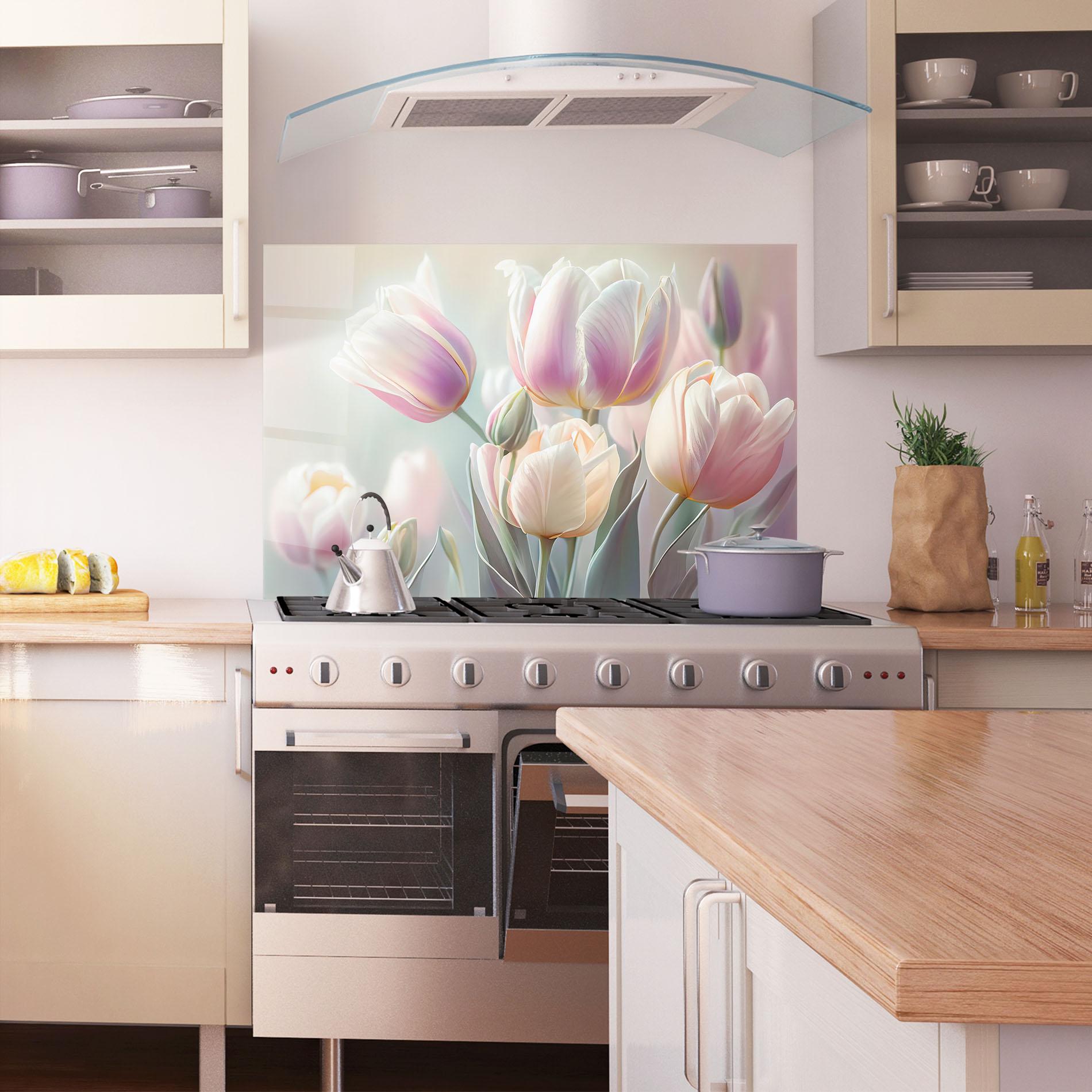 Küchenrückwand Glas Dreamy White Tulips mockup 1