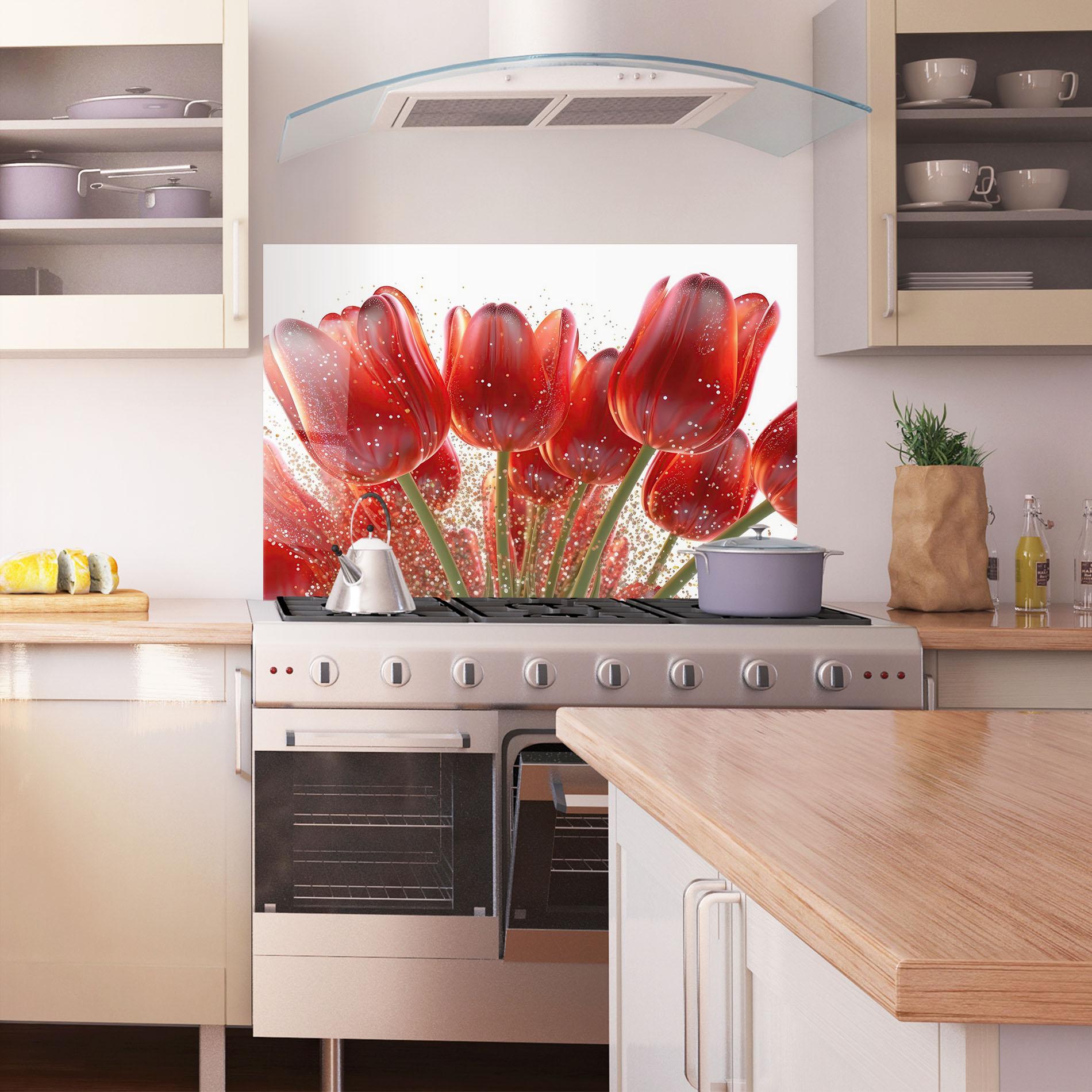 Küchenrückwand Glas Glitter Red Tulips mockup 1