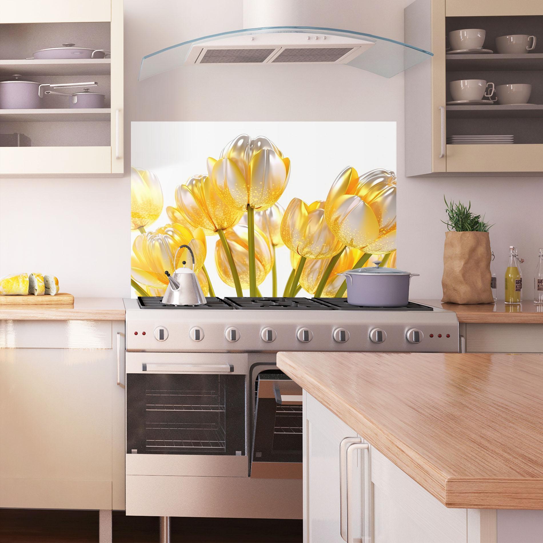 Küchenrückwand Glas Gold White Tulips mockup 1