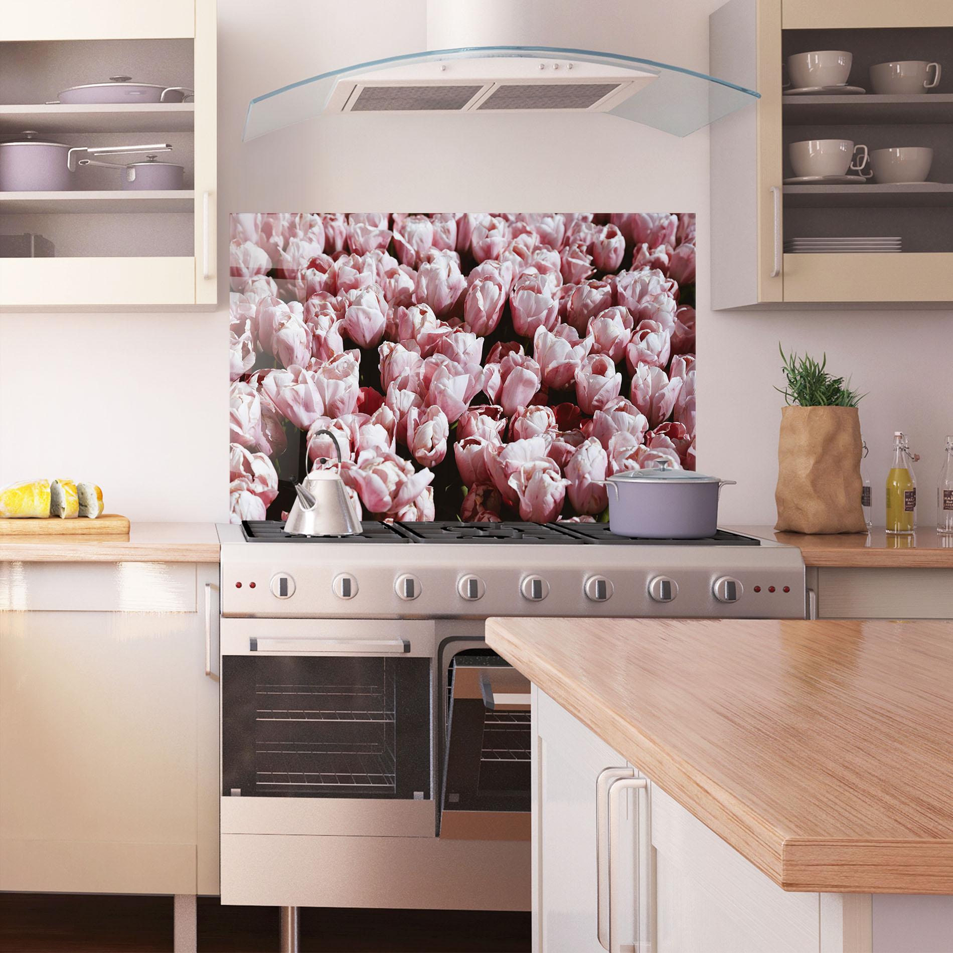 Küchenrückwand Glas Pastel Pink Tulips Wall mockup 1