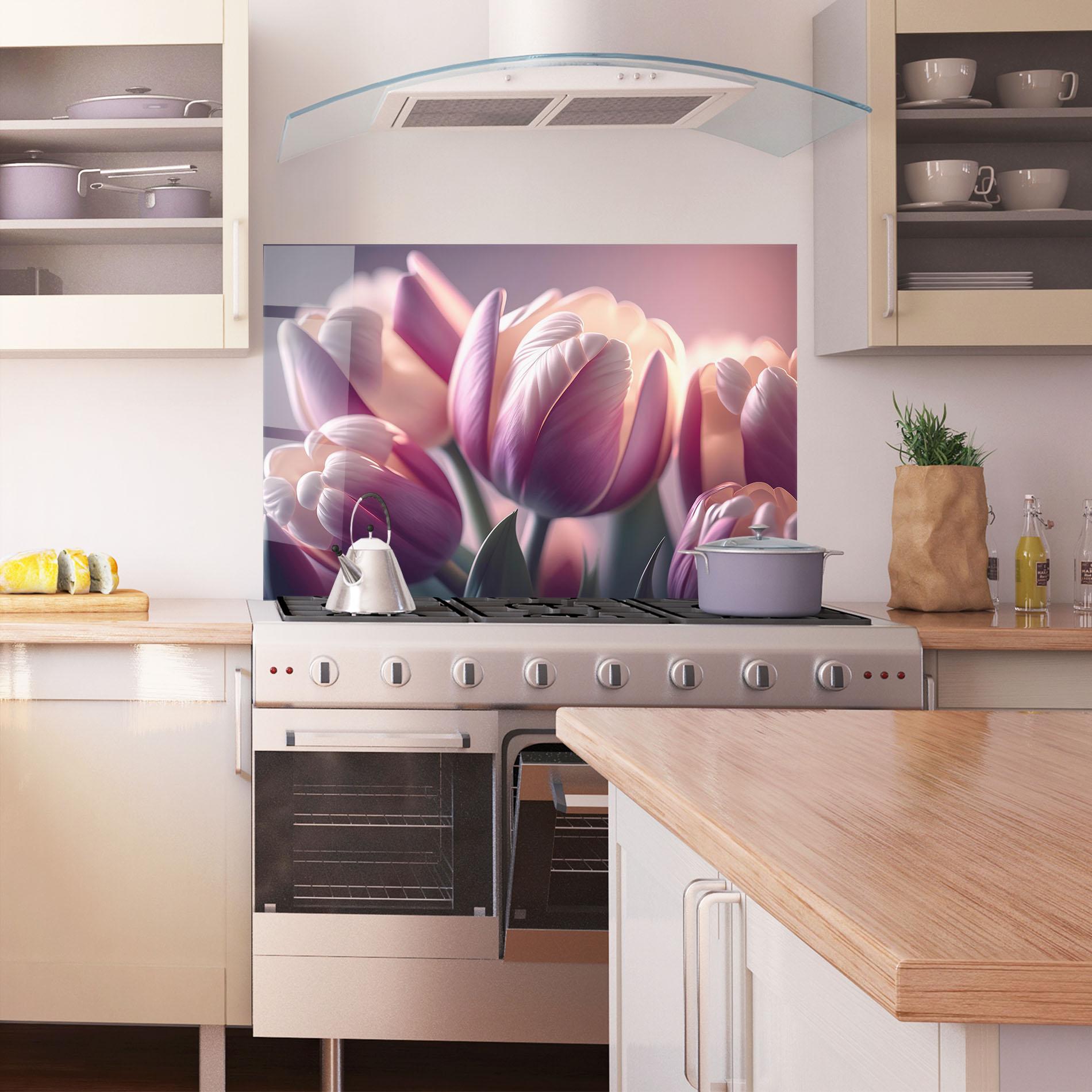 Küchenrückwand Glas Pastel Pink Tulips mockup 1