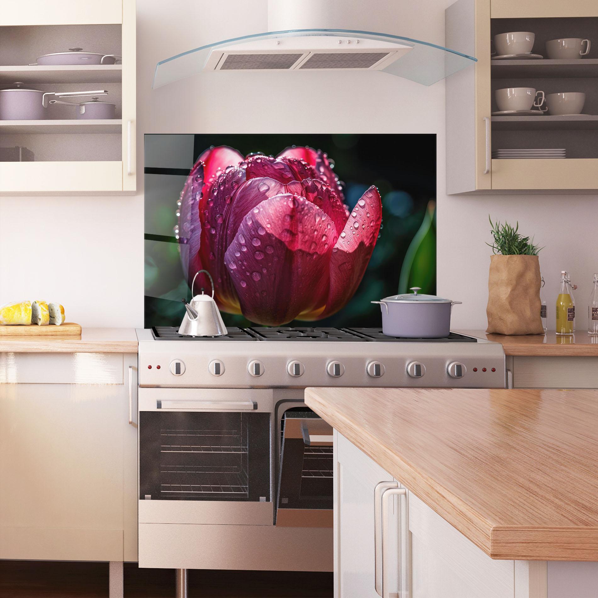 Küchenrückwand Glas Pink Tulip After Rain mockup 1