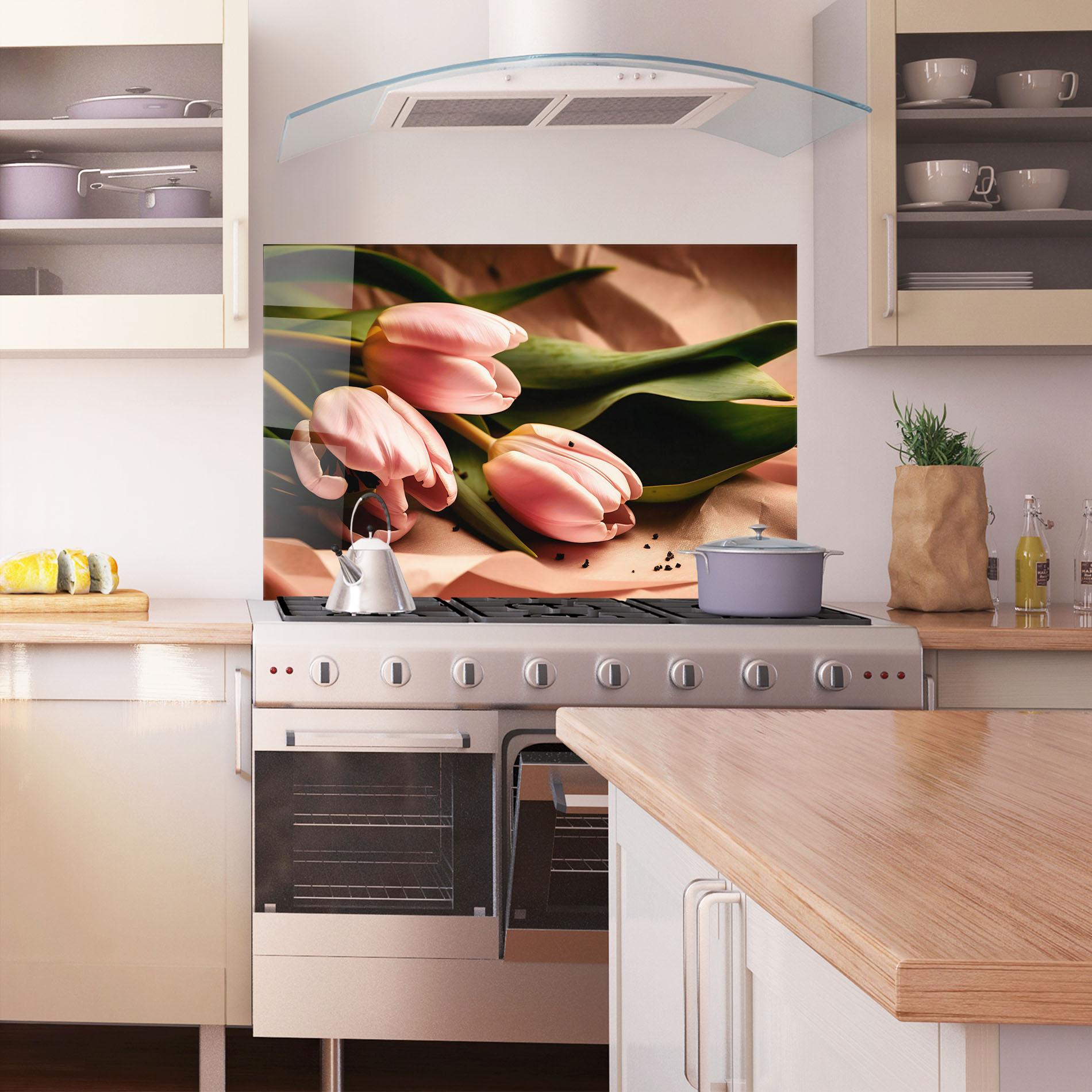Küchenrückwand Glas Pink Tulips With Leafs mockup 1