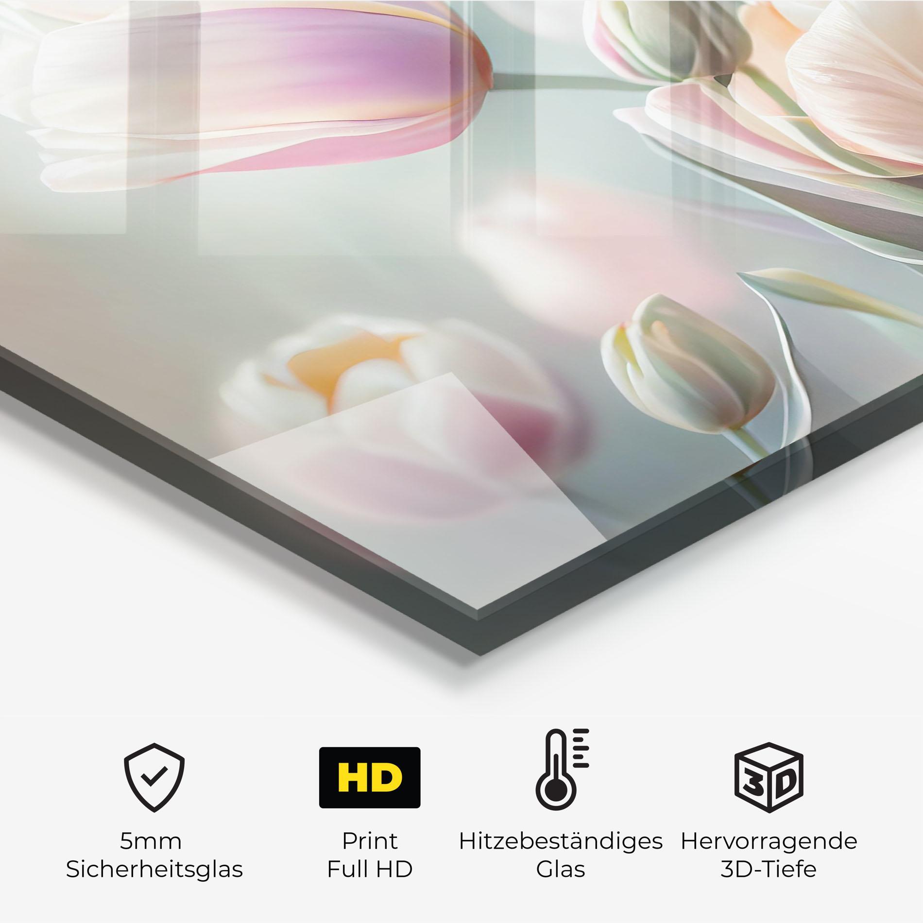 Küchenrückwand Glas Dreamy White Tulips mockup 2